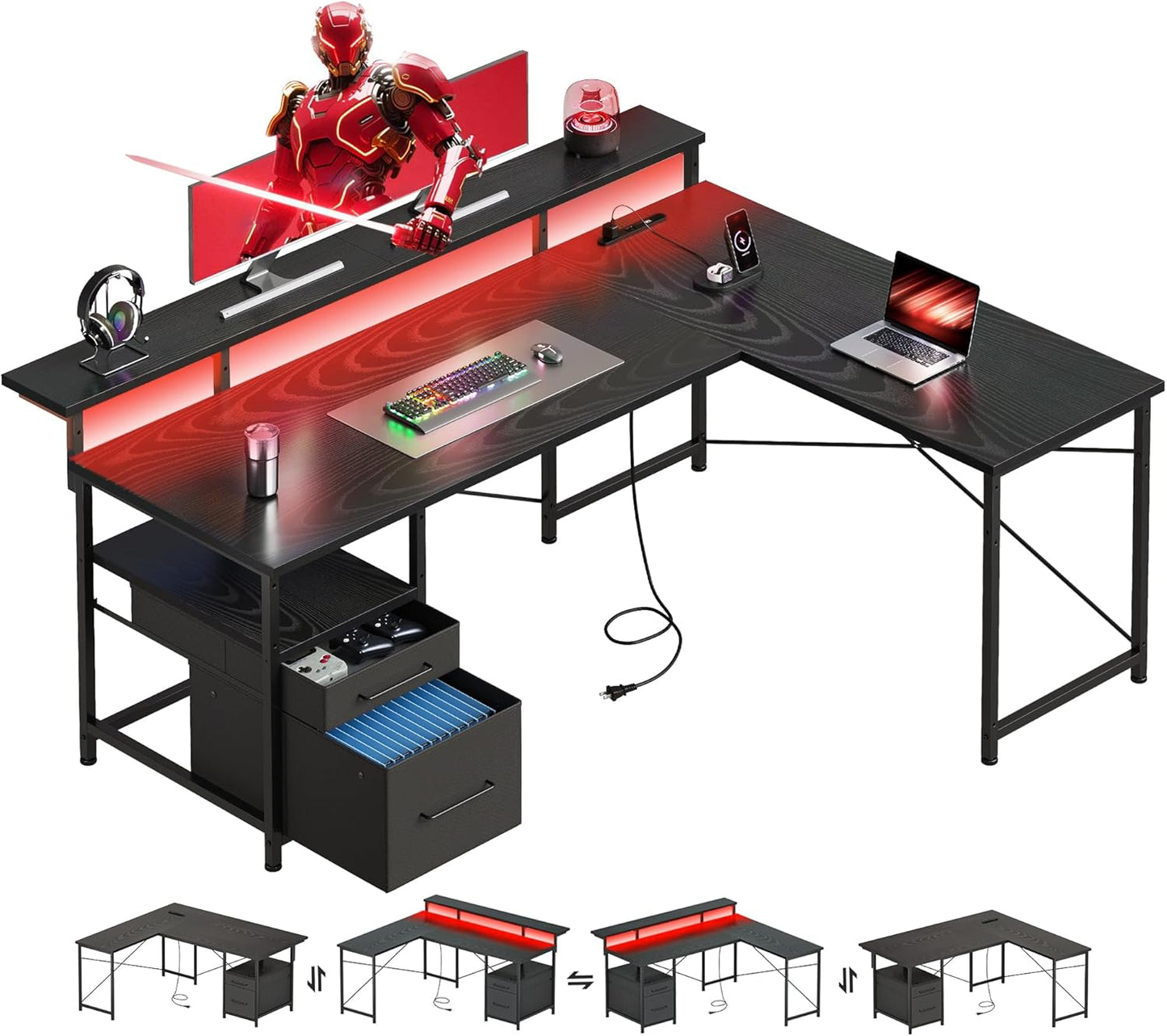 63" Gaming Desk with LED Lights, L Shaped Desk with Monitor Stand, Computer Desk with Drawers, PC Desk with Outlets, Office Desk with Monitor Stand, White