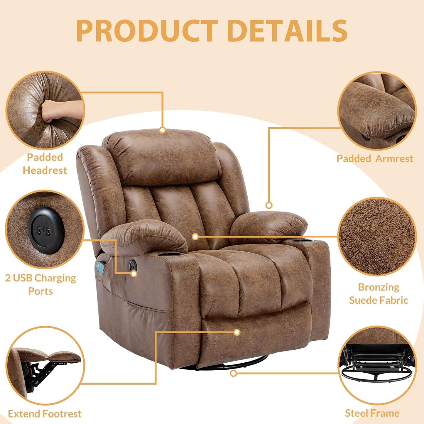 360° Swivel Glider Rocking Recliner Chair, Overstuffed Manual Massage Recliner with Heat and Vibration, Single Modern Sofa Home Theater Seating for Living Room, USB Ports/Cup Holders (Brown)