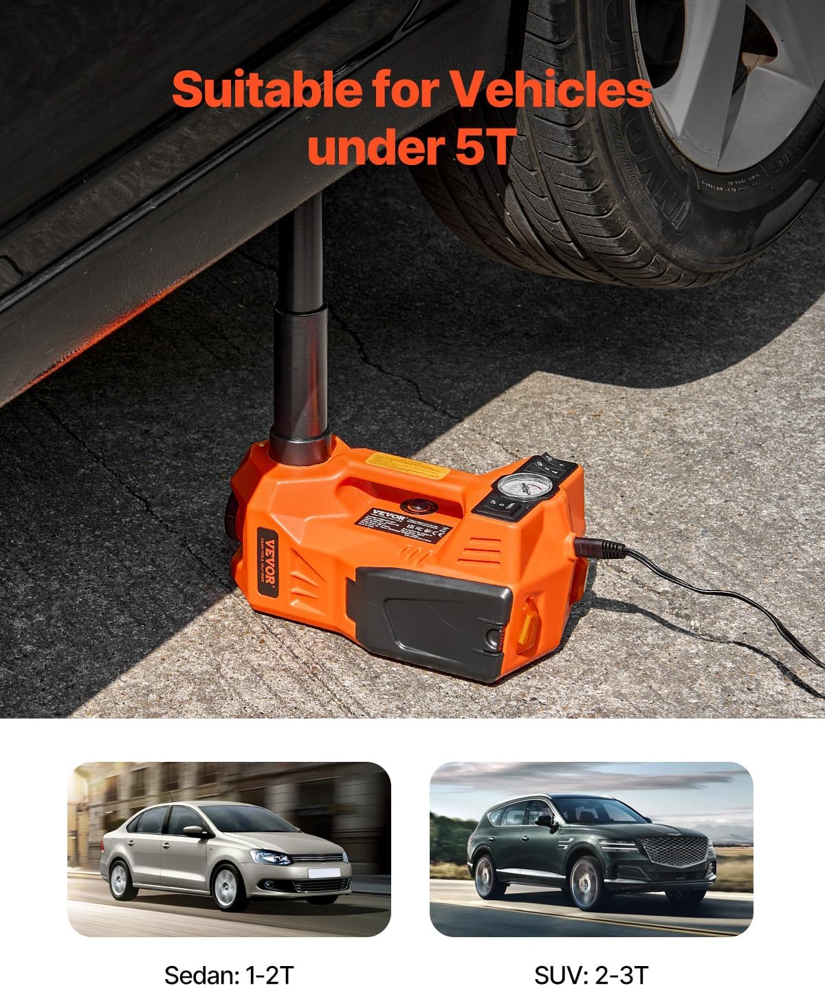 VEVOR Electric Car Jack, 5 Tons /11000 lbs, Electric Scissor Jack with Built-In Inflator, 12V Adjustable Tire Change Replacement with Secure Hammer & LED Light, Portable Jack kit for Sedan, SUV, Truck