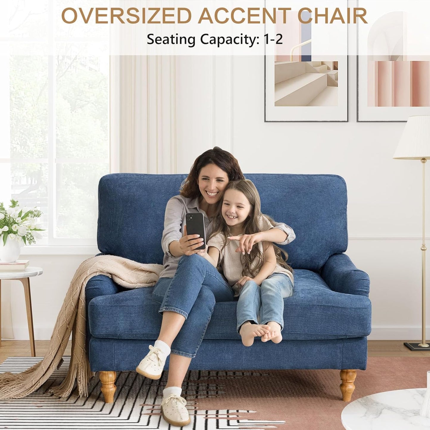 Bezseller Oversized Chair Indoor with Ottoman, 46" W Upholstered Armrest Sofa, Big Comfy Lounge Sofa Deep Seat Sleeper Chair for Living Room, Apartment, Bedroom, Reading Room(Blue)