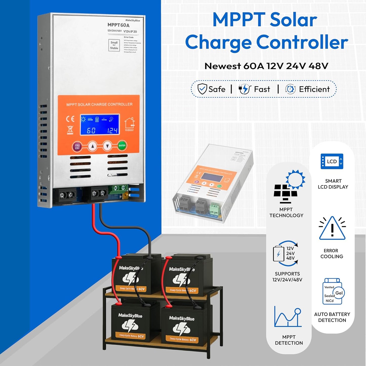 60A MPPT Solar Charge Controller, Auto 12V/24V/48V Detect, LCD Display, Max 160V PV Input, Compatible with AGM Lithium Lead-Acid Batteries