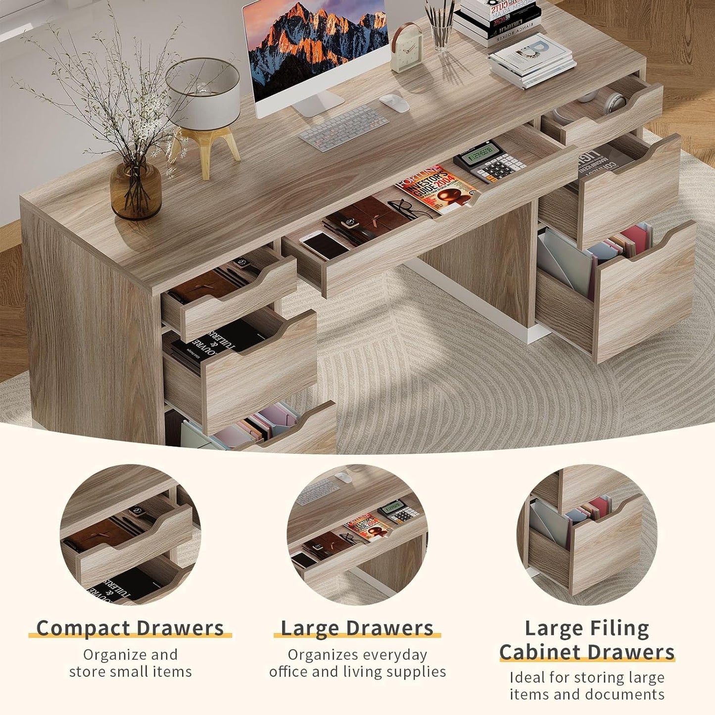 54 Inch Computer Desk with Storage Drawers, Executive Desk with 7 Drawers for Bedroom, Office Desk with File Cabinet for Work Study Writing, Small Spaces, White and Walnut