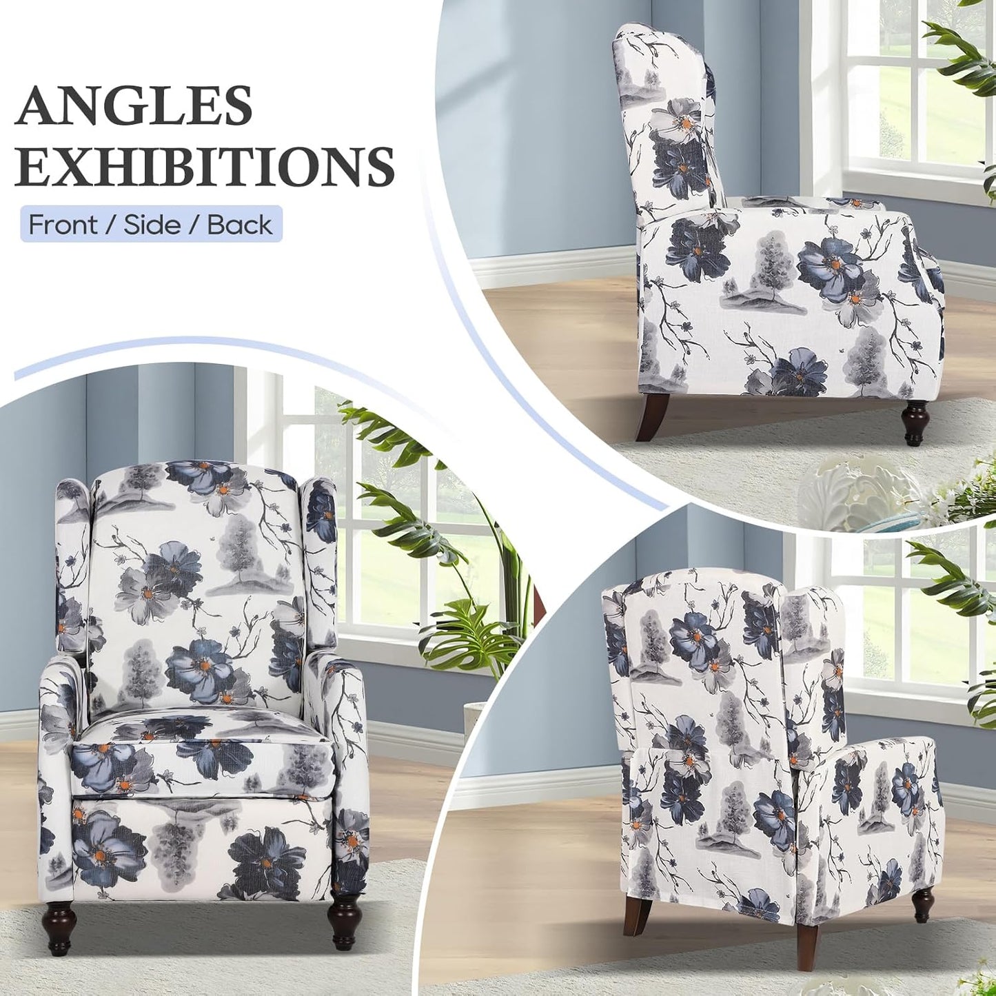 Wingback Recliner Chair - Tufted Arm Chair Recliner - Fabric Push Back Single Sofa for Living Room Adjustable Backrest (Pair, Blue Floral)