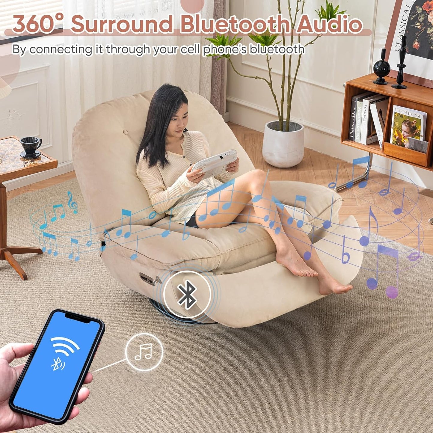 Smart Oversized Electric Recliner Chair, 360° Round Swivel Rocking Glider Rocker for Adults Modern Comfy Ergonomic Chaise Lounge Indoor, Theater Seating Living Room Chairs Reading, Soft Camel Fabric