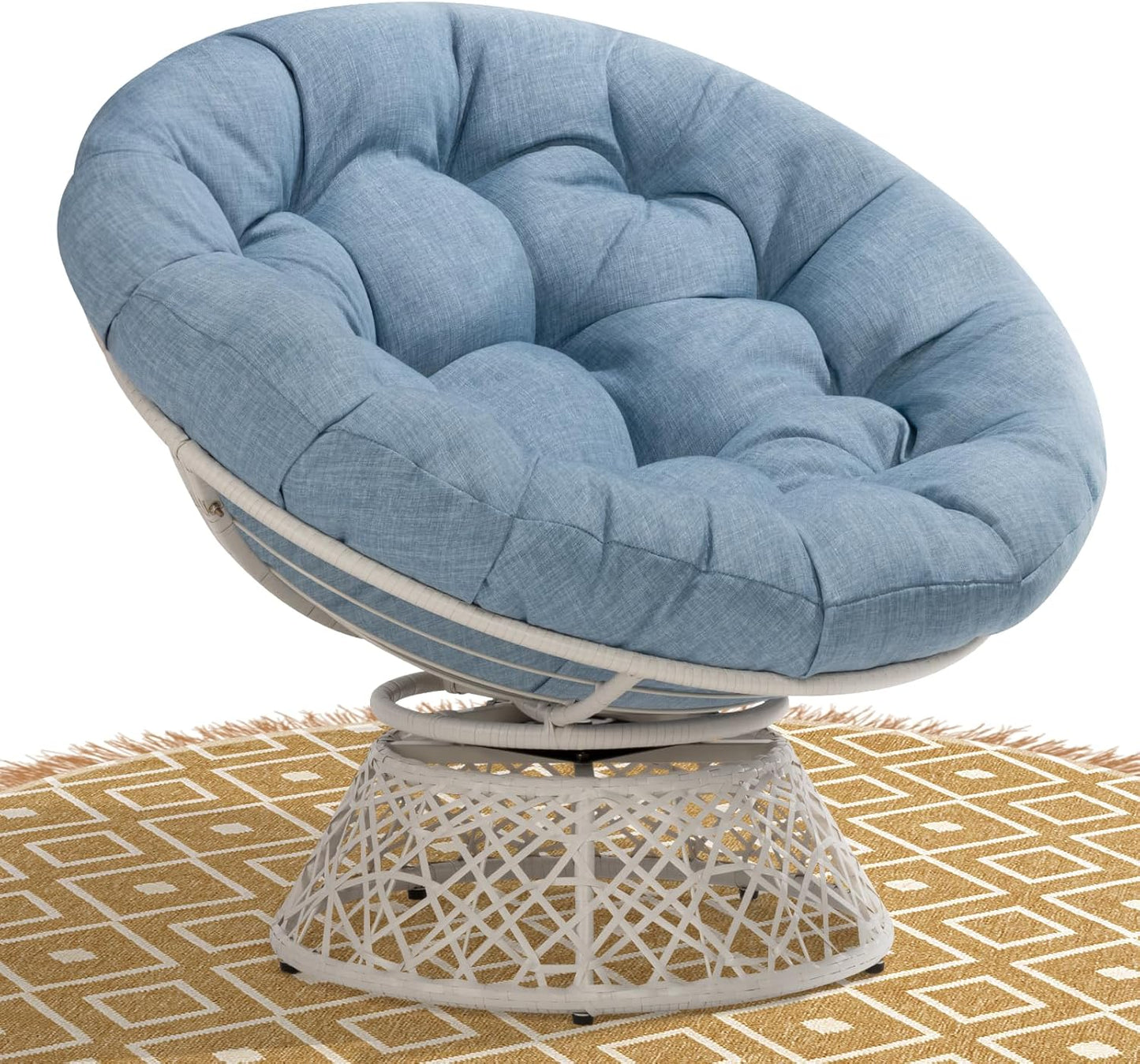 Bme 40" Ergonomic Wicker Papasan Chair with Soft Thick Density Fabric Cushion, High Capacity Steel Frame, 360 Degree Swivel for Living, Bedroom, Reading Room, Lounge, Silver Cloud - Black Base