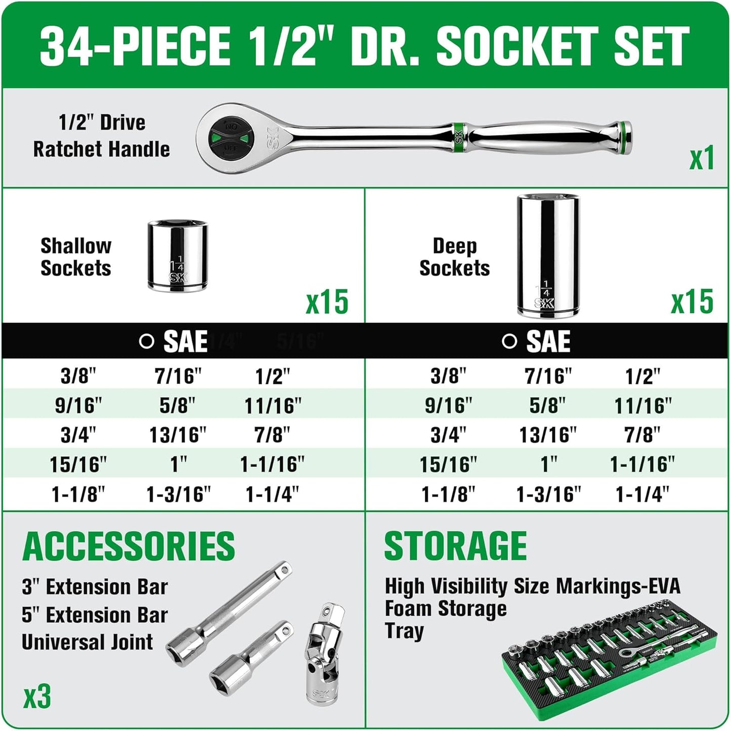 SK 1/2" Drive Socket Set with 160-P Ratchet, 34-Piece, SAE, SuperKrome Finish, Premium CR-V Construction, with EVA Foam Tool Organizer