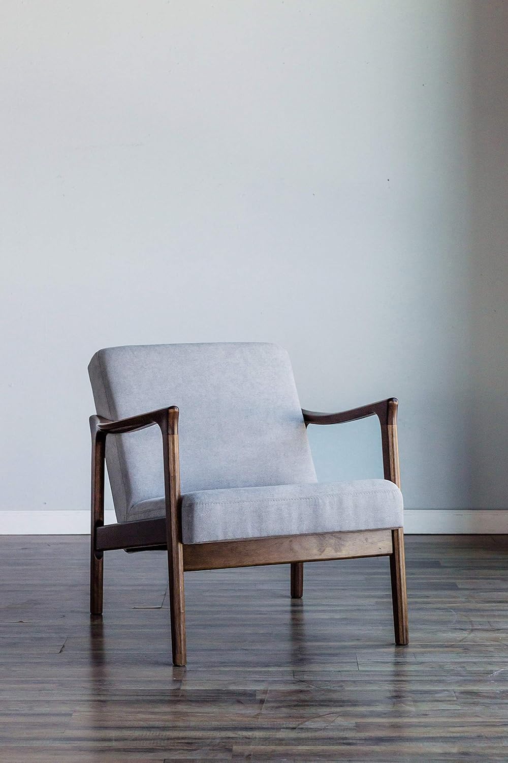 Alpine Furniture Zephyr Mid-Century Retro Accent Lounge Chair Wooden Arm Upholstered Back Living Room Furniture, 33" W x 27.5" D x 29" H, Walnut Finish/Pebble Upholstery