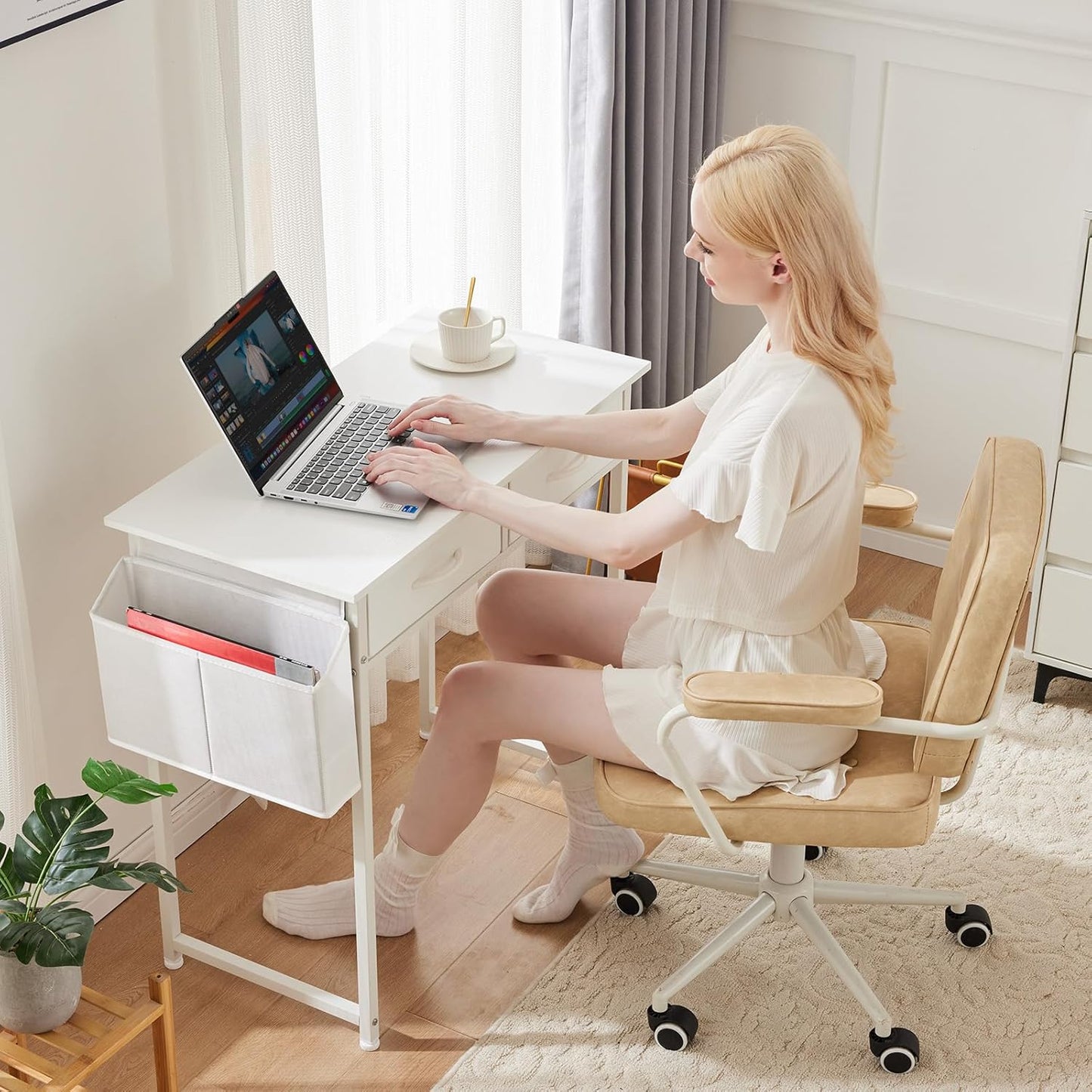 Sweetcrispy Small Desk with Fabric Drawers for Bedroom Home Office, 32 Inch Computer Gaming Desk Writing Study PC Table with Side Bag Headphone Hook Metal Frame Adjustable Feet,Pure White