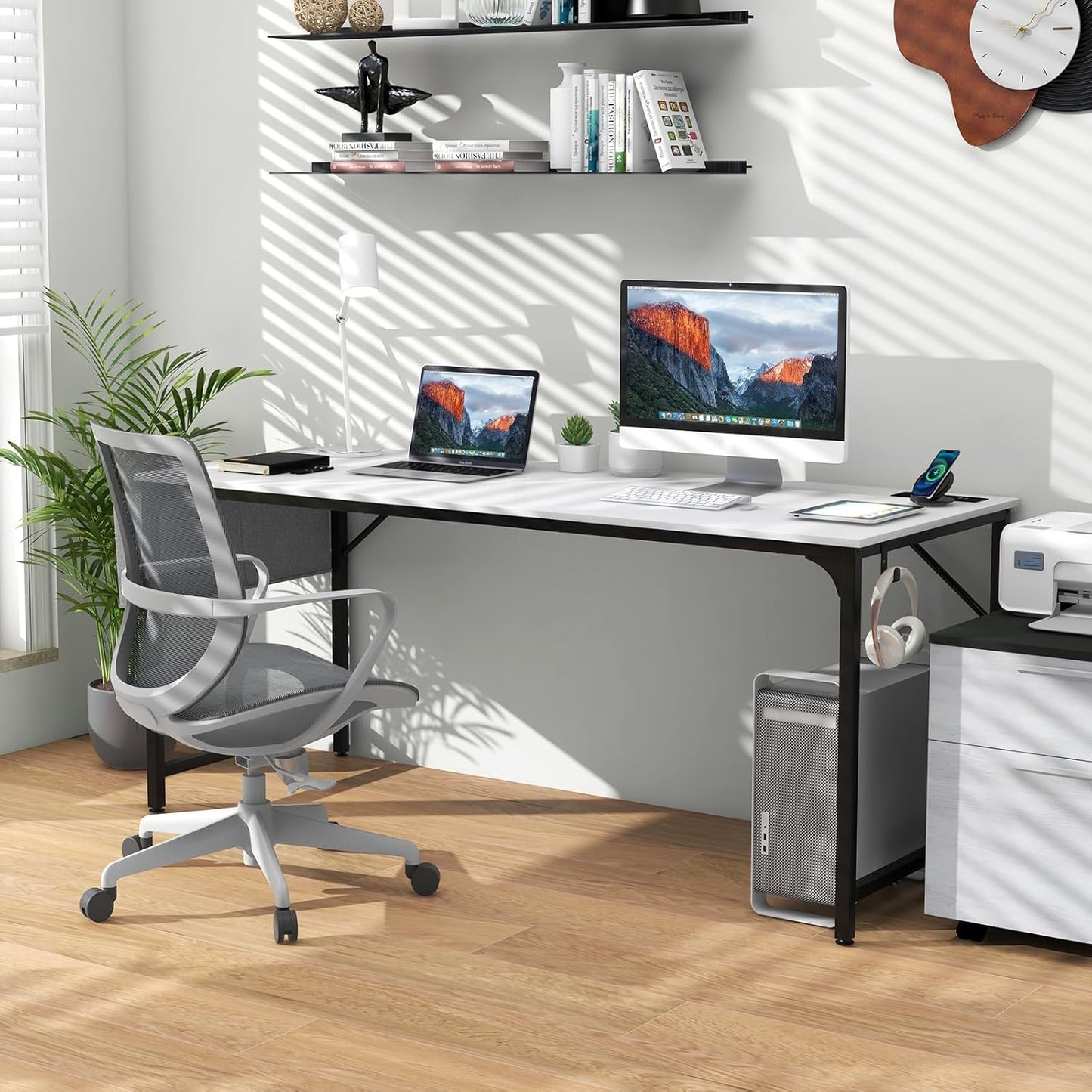 Tangkula 60” Large Computer Desk with Charging Station, Modern Simple Study Writing Desk with Storage Bag, Headphone Hook, Sturdy Metal Frame, Home Office Workstation