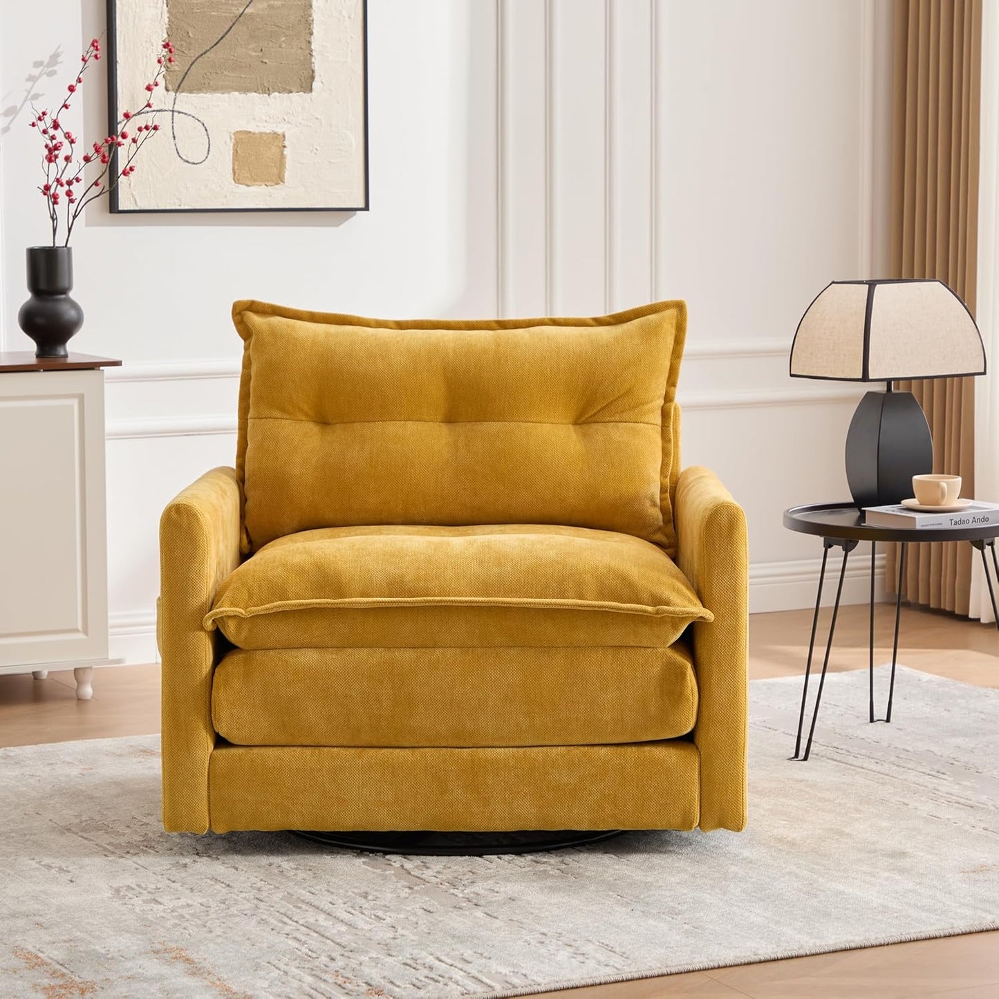 Swivel Accent Chair, 360° Rotating Square Arm Chair, Modern Accent Chair with Solid Metal Base, Chenille Comfy Upholstered Single Sofa for Living Room Bedroom Office (Gray)
