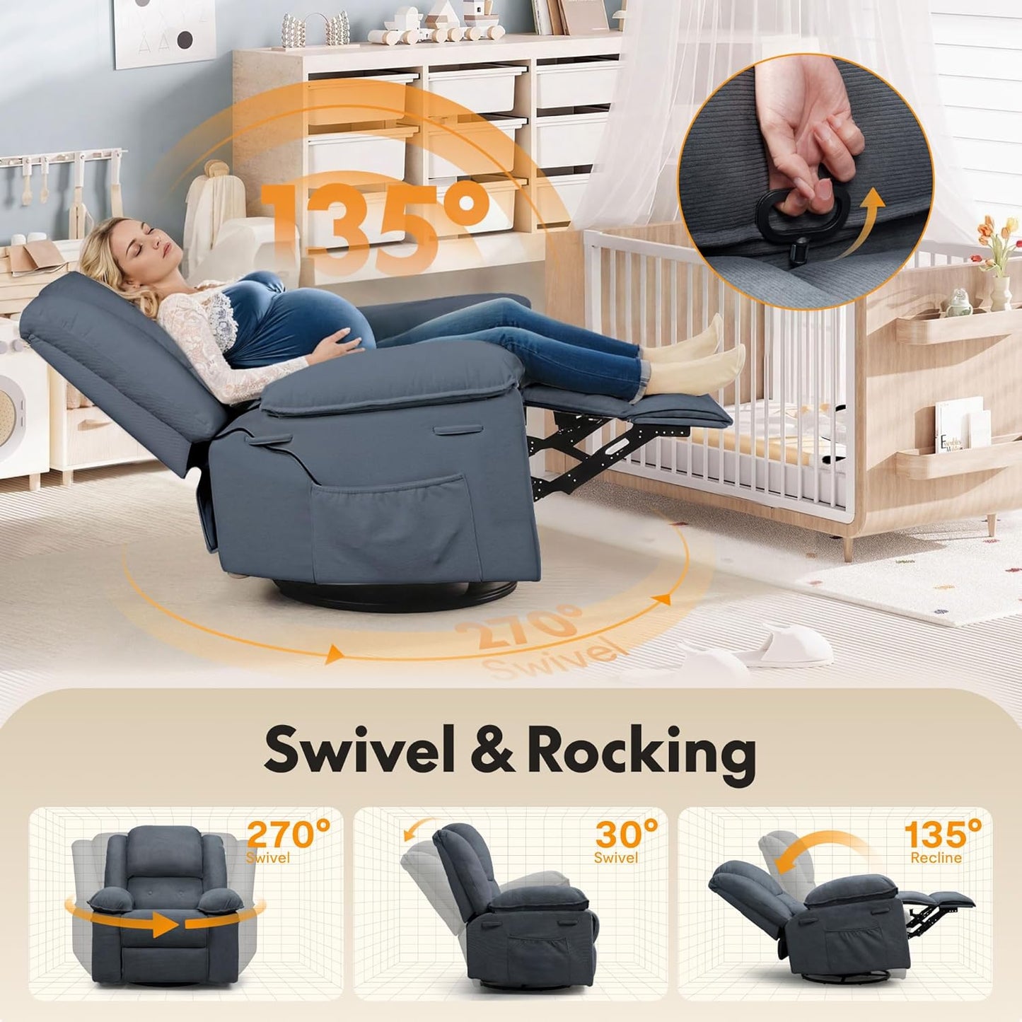 Softa Rocker Recliner Chair for Adults – Massage Swivel Rocker Recliner Chair with Heat & Vibration, 270° Swivel Glider Nursery Chair for Living Room Bedroom Nursery (Gray)
