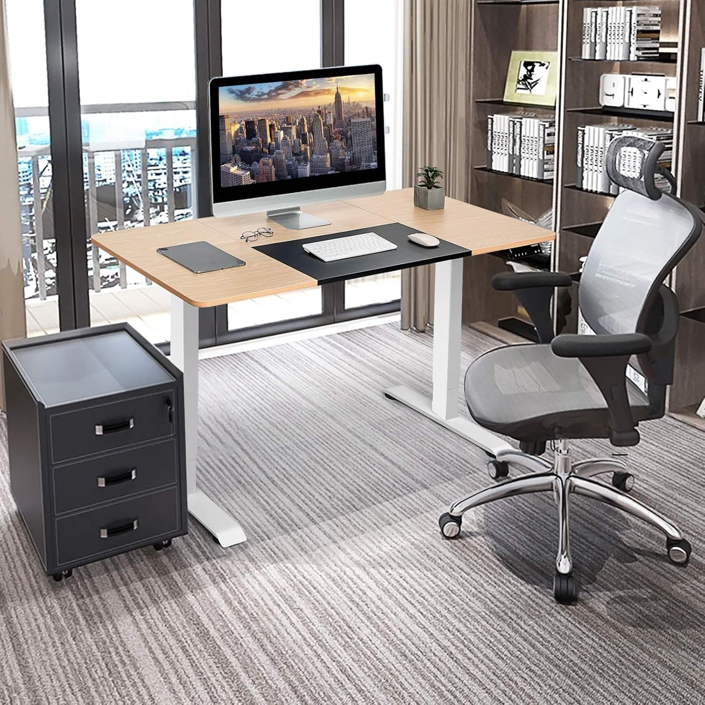 Tangkula 55 x 28 Inches Electric Standing Desk, Height Adjustable Stand Up Desk with Ergonomic Memory Controller, Dual Monitor Standing Desk for Study Room, Home, Office (Natural)