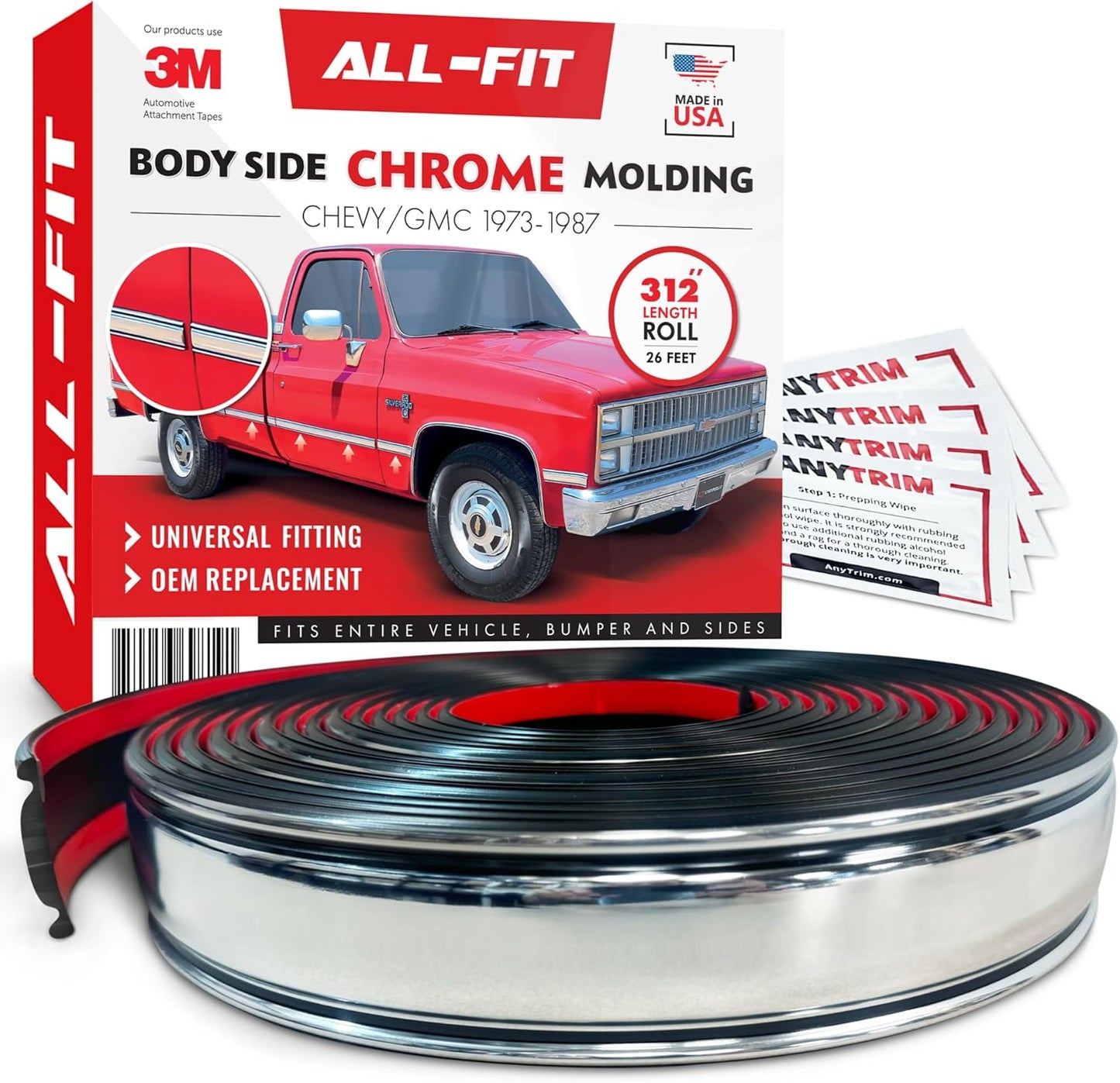 All-Fit Automotive Replacement Old Style Body Side Molding (2.5") – OEM Grade Chrome Trim fits 88-99 Chevy Tahoe, GMC Suburban, Silverado, Yukon, Blazer, and More – Easy to Install OBS (26 Ft)