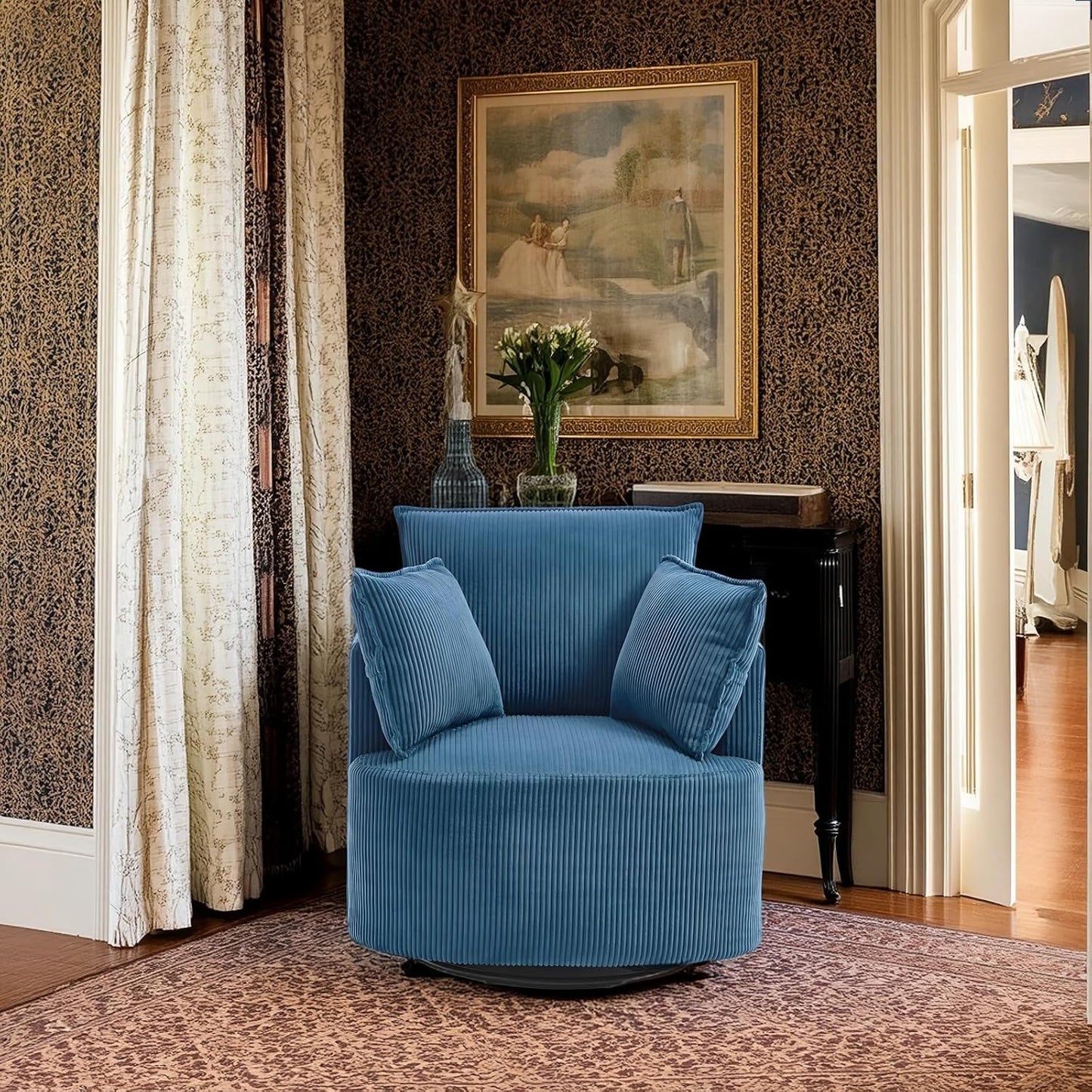 Swivel Accent Chair – Round Swivel Chair for Living Room, Corduroy Barrel Sofa Chair, 360° Rotating Lounge Chair, Easy Assembly(Blue)