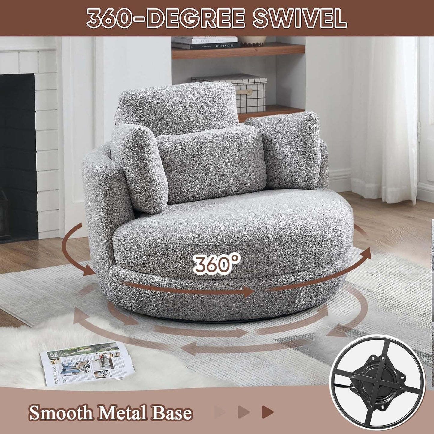 Antetek Swivel Barrel Chair with Storage Ottoman, Club 360 Degree Single Swivel Sofa, Modern Leisure Arm Chair with Head & Back Pillows for Nursery, Living Room, Office, Grey Teddy