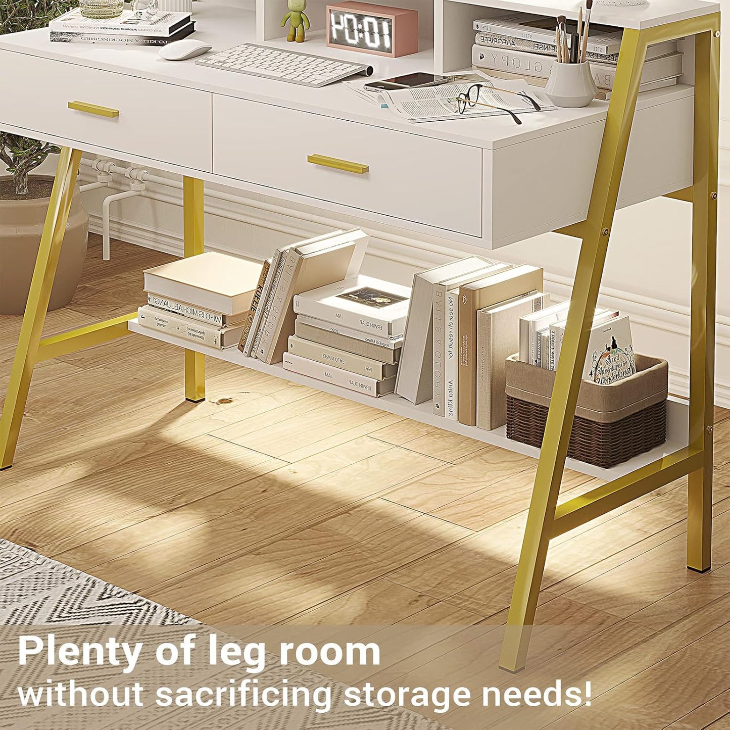 Tiptiper Computer Desk with Drawers, Hutch & Moniter Stand, Home Office Writing Study Desk Workstation Table with Bookshelf, for Work & Study, Small Spaces, White and Gold