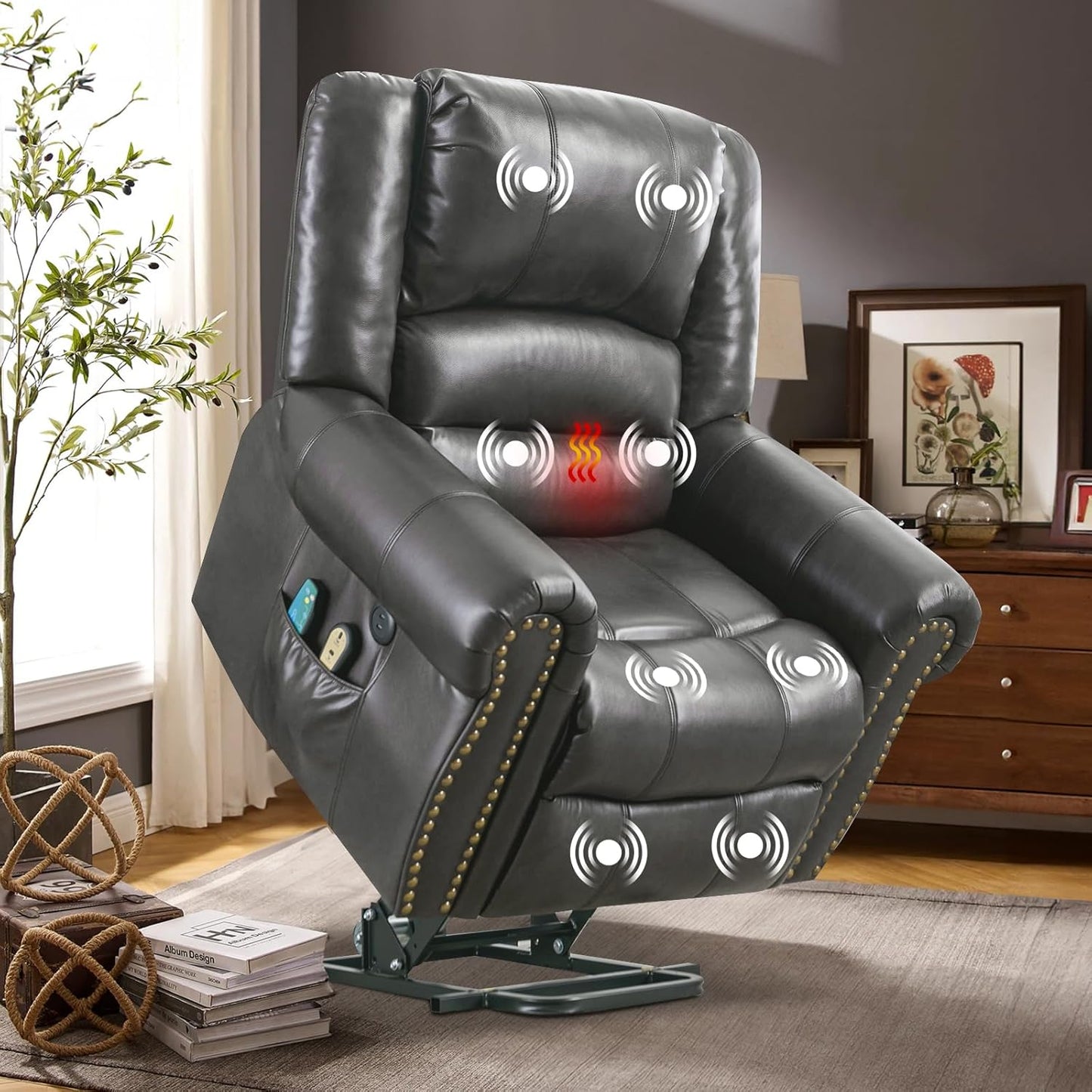 VIVIJASON Electric Power Lift Recliner Chair for Elderly, Heated Vibration Recliners Chair Massage Lounge Single Sofa Living Room Chair with 2 Remote Controls, Side Packets & USB Port, Nut Brown