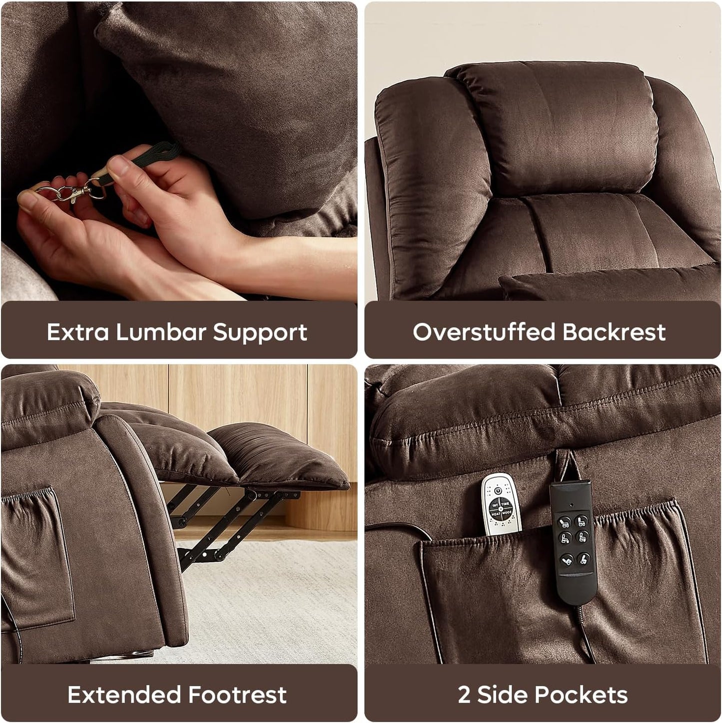 Bestier Dual Motor Power Lift Recliner Chair for Elderly, Oversized Recliner Sofa with Massage and Heat, Extra Wide Lift Chair with Cup Holders & Side Pockets for Living Room Bedroom (Brown)