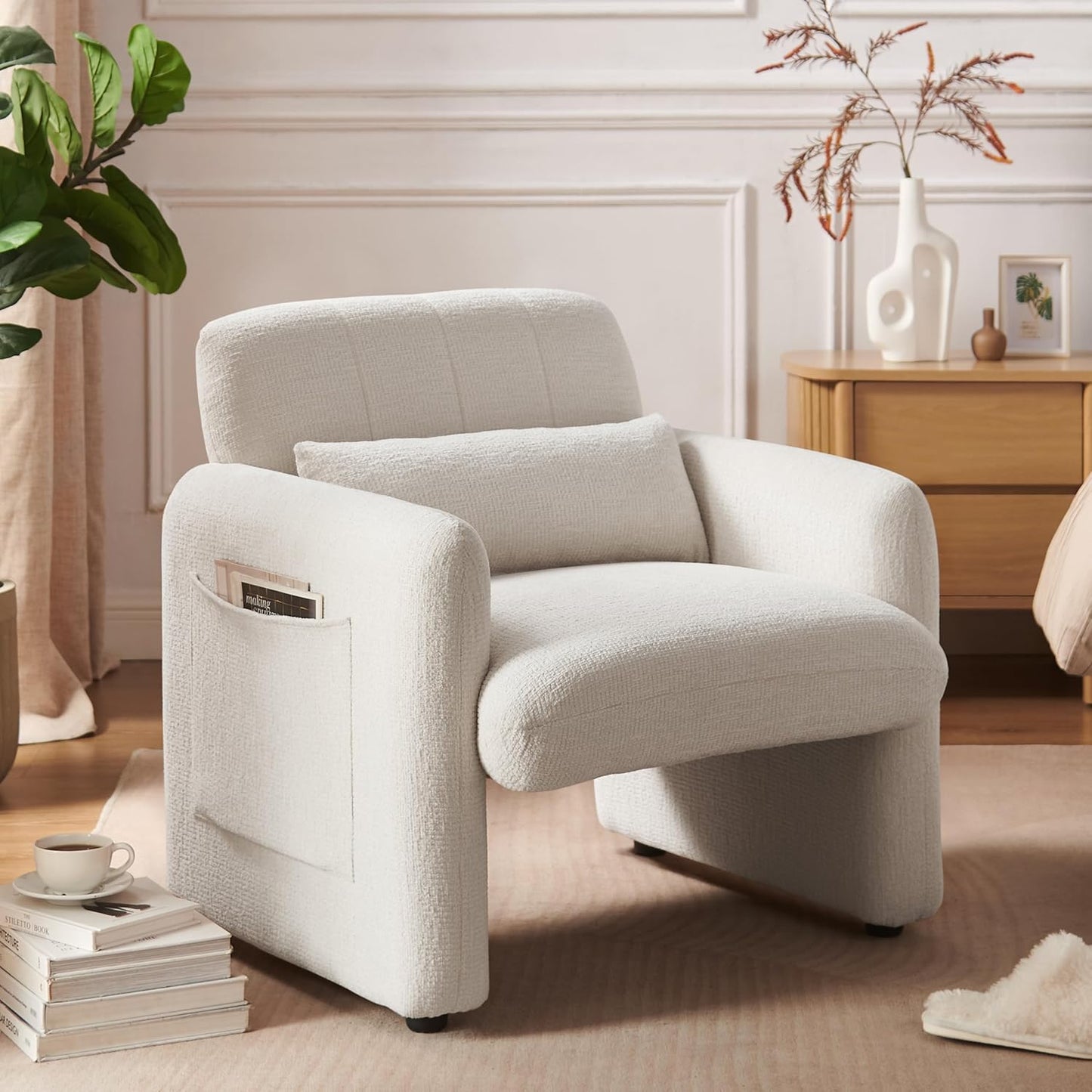 VKNOW Accent Chair Living Room Chair, Modern Fabric Chenille Armed Chair, Comfy Upholstered Armchair with Support Pillow for Living Room Bedroom Office, Light Brown
