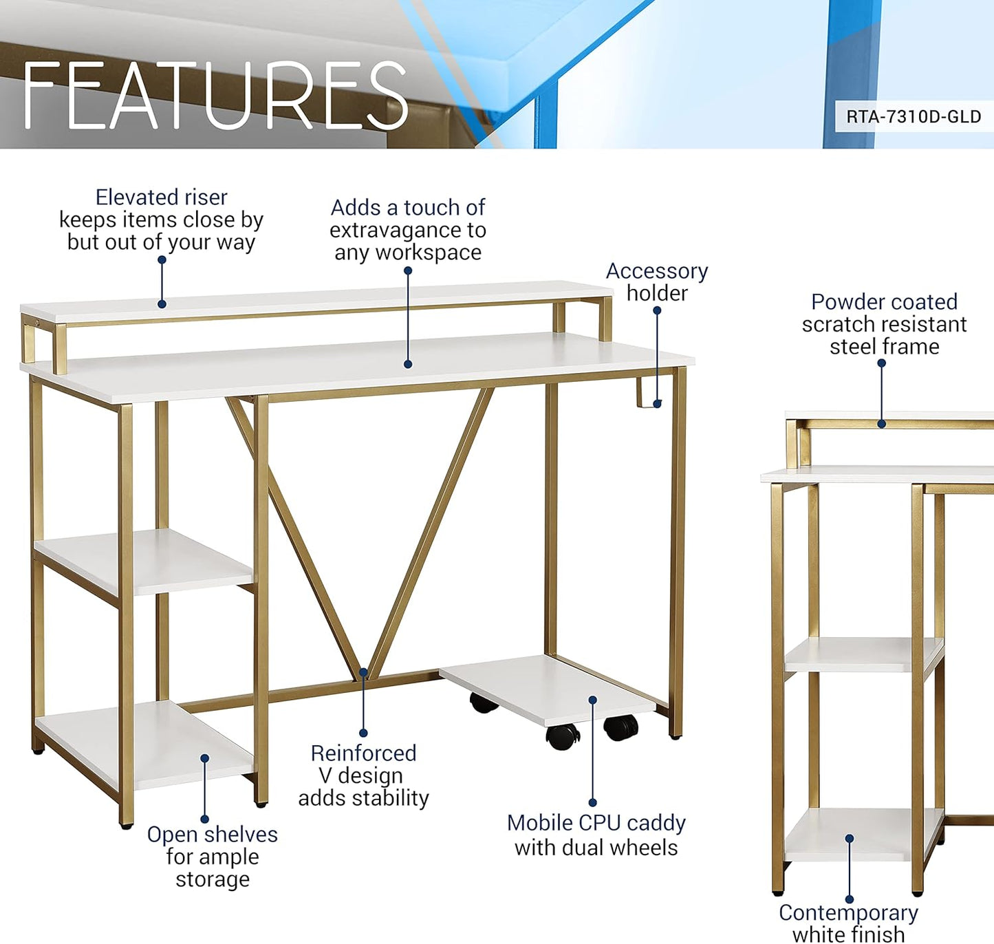 Techni Mobili Computer Desk - Industrial Writing Desk with Storage Shelves, Monitor Stand, & Accessory Holder - Home Office Laptop Computer Table with CPU Caddy & 2-Tier Small Bookshelf Space