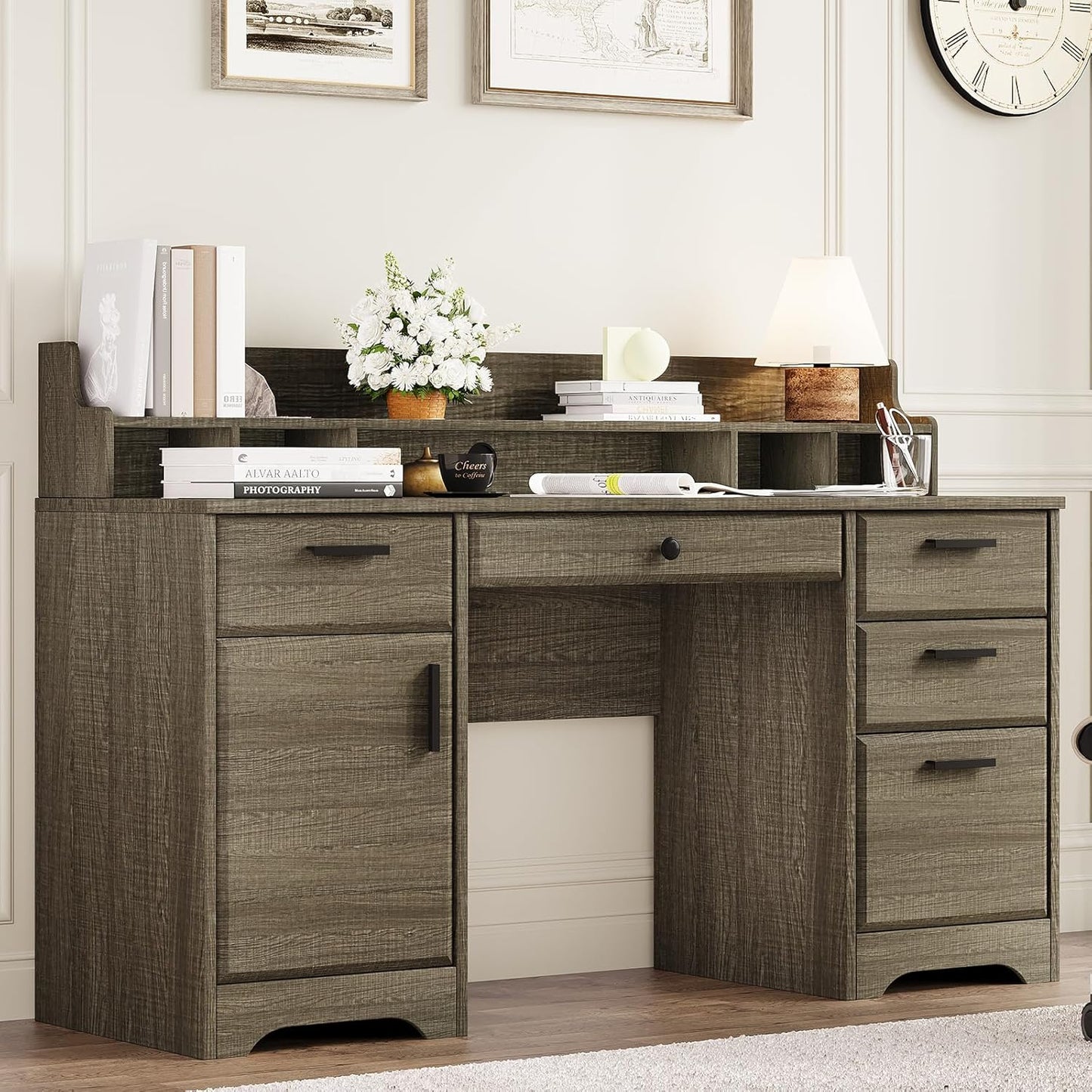 58 Inch Executive Desk with File Drawers, Computer Desk with Storage, Rustic Desk with Adjustable Shelves, Office Desk with Hutch for Bedroom, Grey