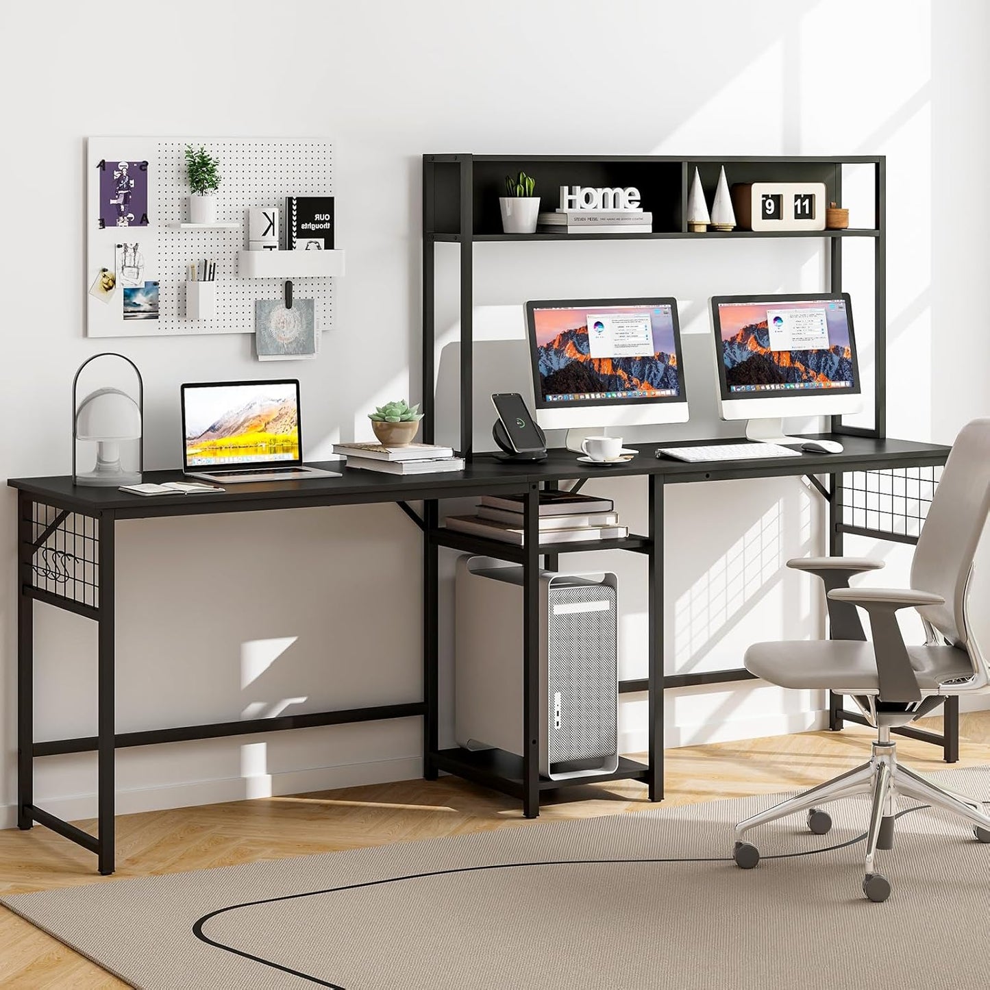 Tangkula L-Shaped Desk with Power Outlet, Large Corner Desk Converts to 2-Person Long Desk with Hutch, Computer Gaming Desk with CPU Stand & 3 Removable Hooks, for Home Office (Black)