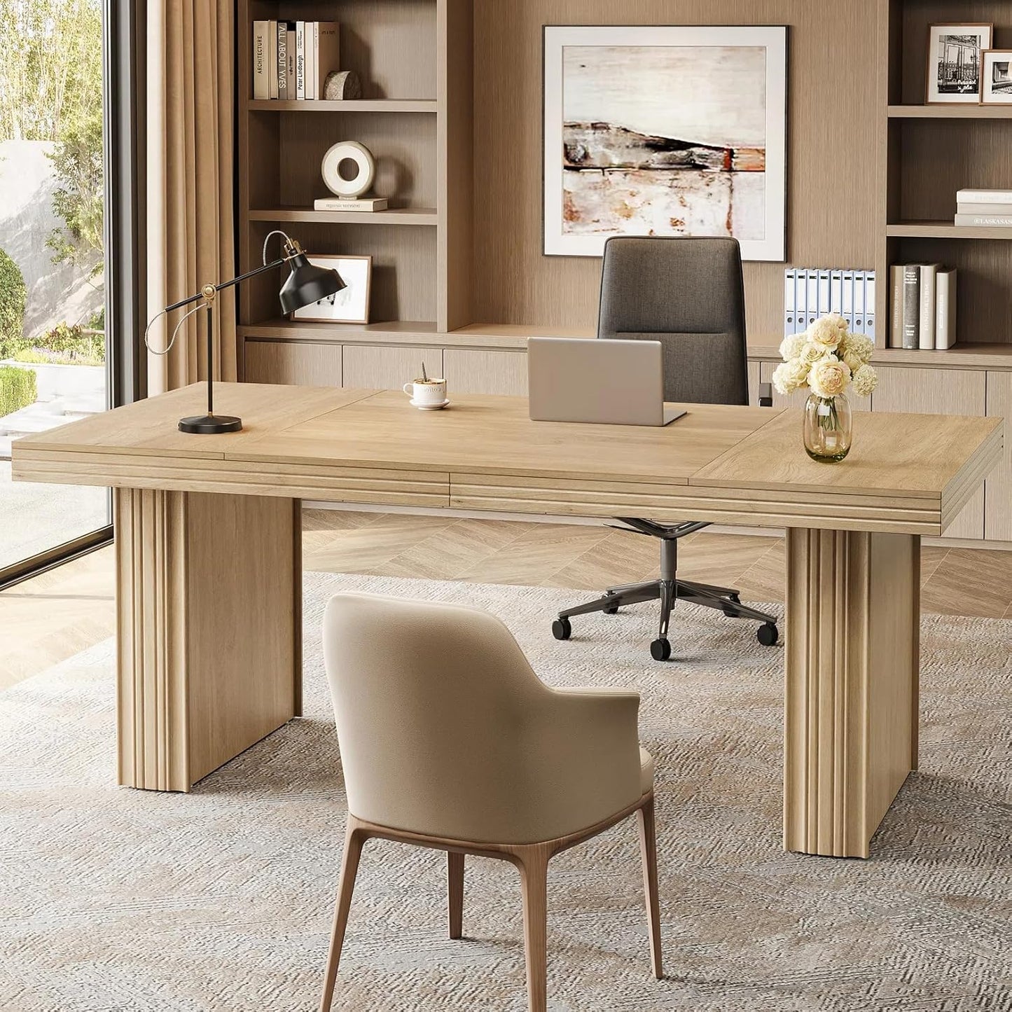 Tribesigns 63" Executive Desk, Large Office Computer Desk with Heavy-Duty Legs and Thickened Desktop, Elegant Writing Workstation Study Table Conference Table for Office, Natural
