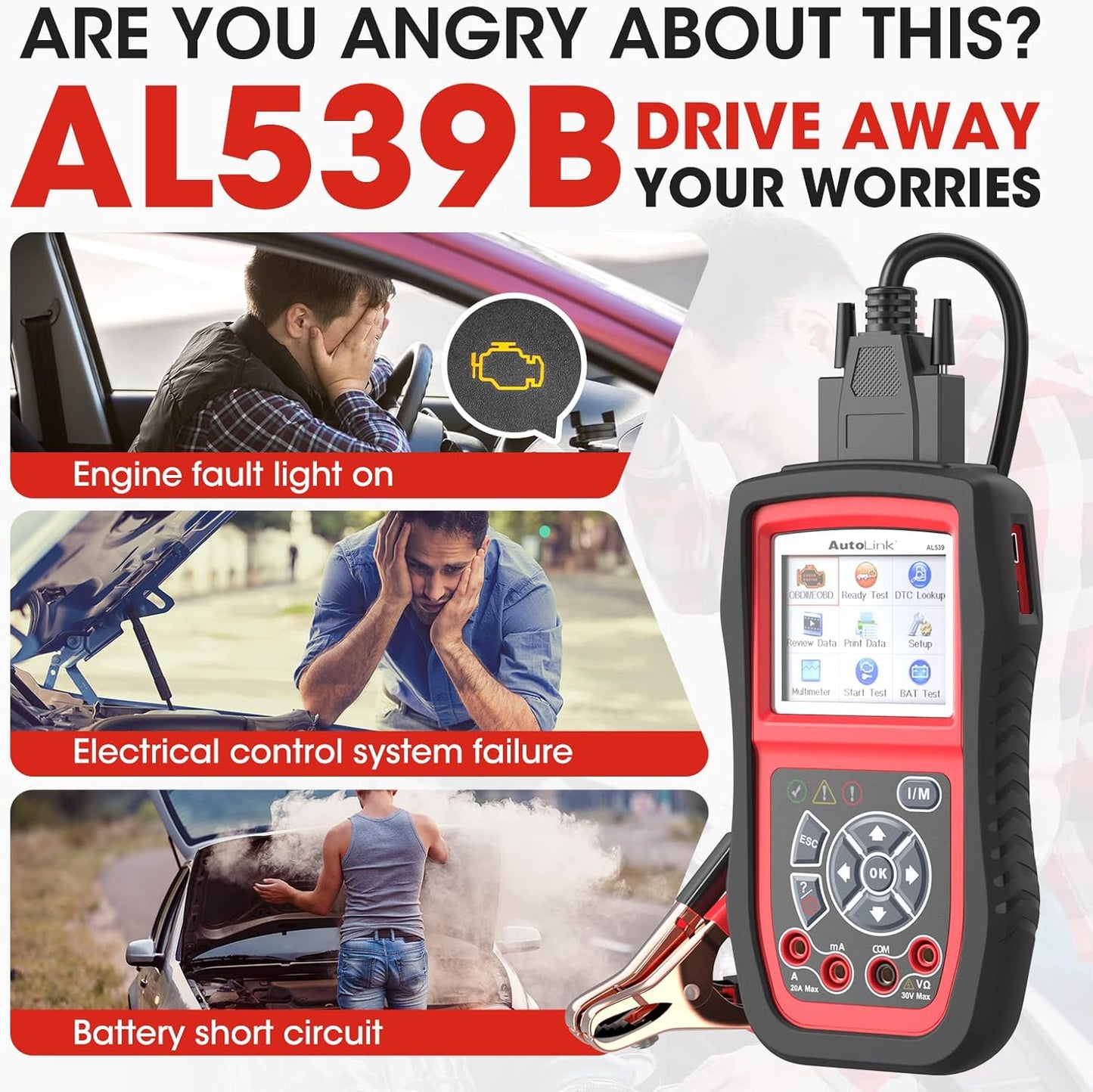 Autel AL539B OBD2 Scanner, 3-in-1 Code Reader Battery Tester Avometer for 12 Volts Batteries, Full OBDII Diagnosis and Circuit Starting & Charging Systems Test, All Enhanced Ver. of AL519 AL539
