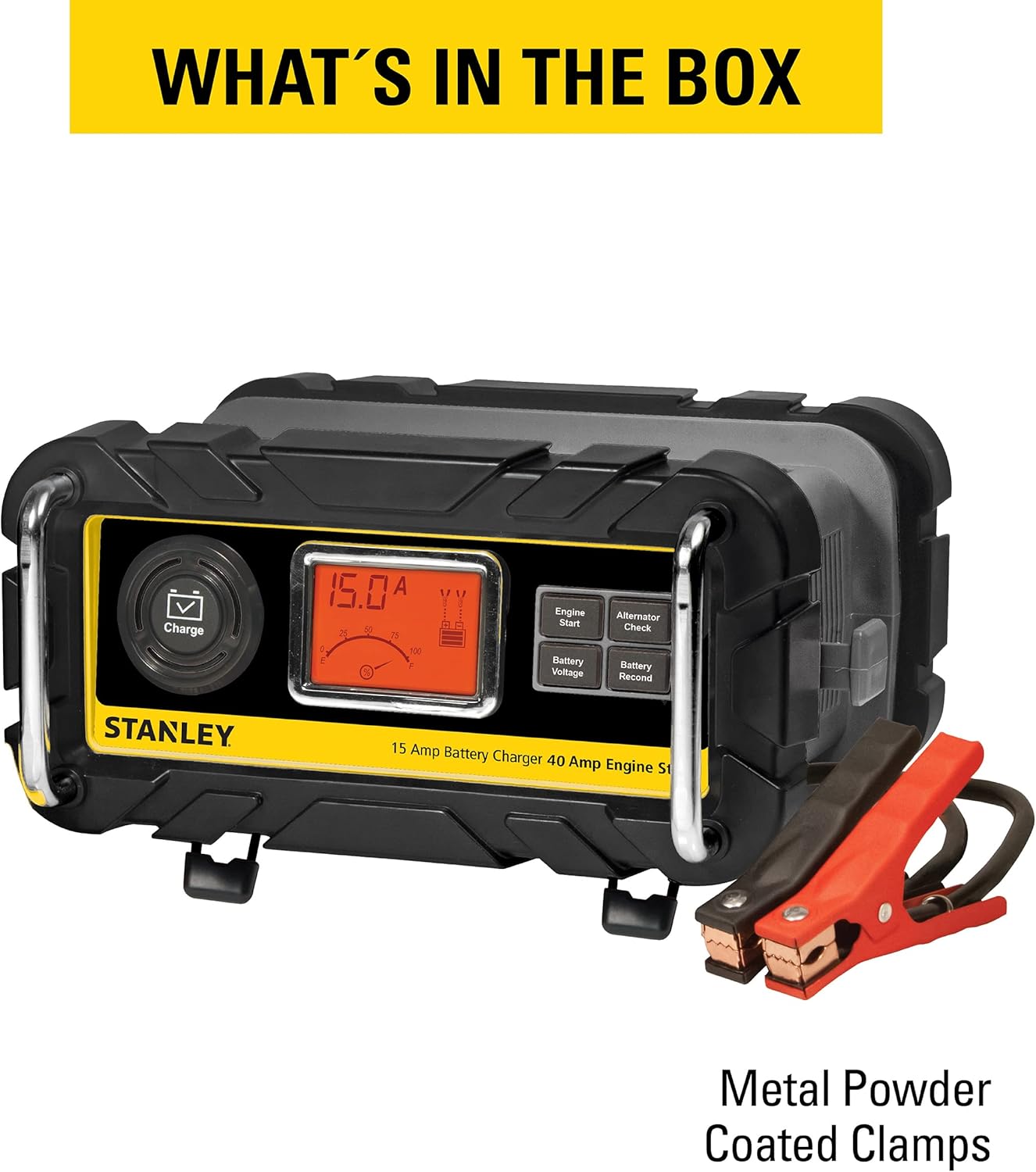STANLEY BC15BS Fully Automatic 15 Amp 12V Bench Battery Charger/Maintainer with 40A Engine Start, Alternator Check, Cable Clamps
