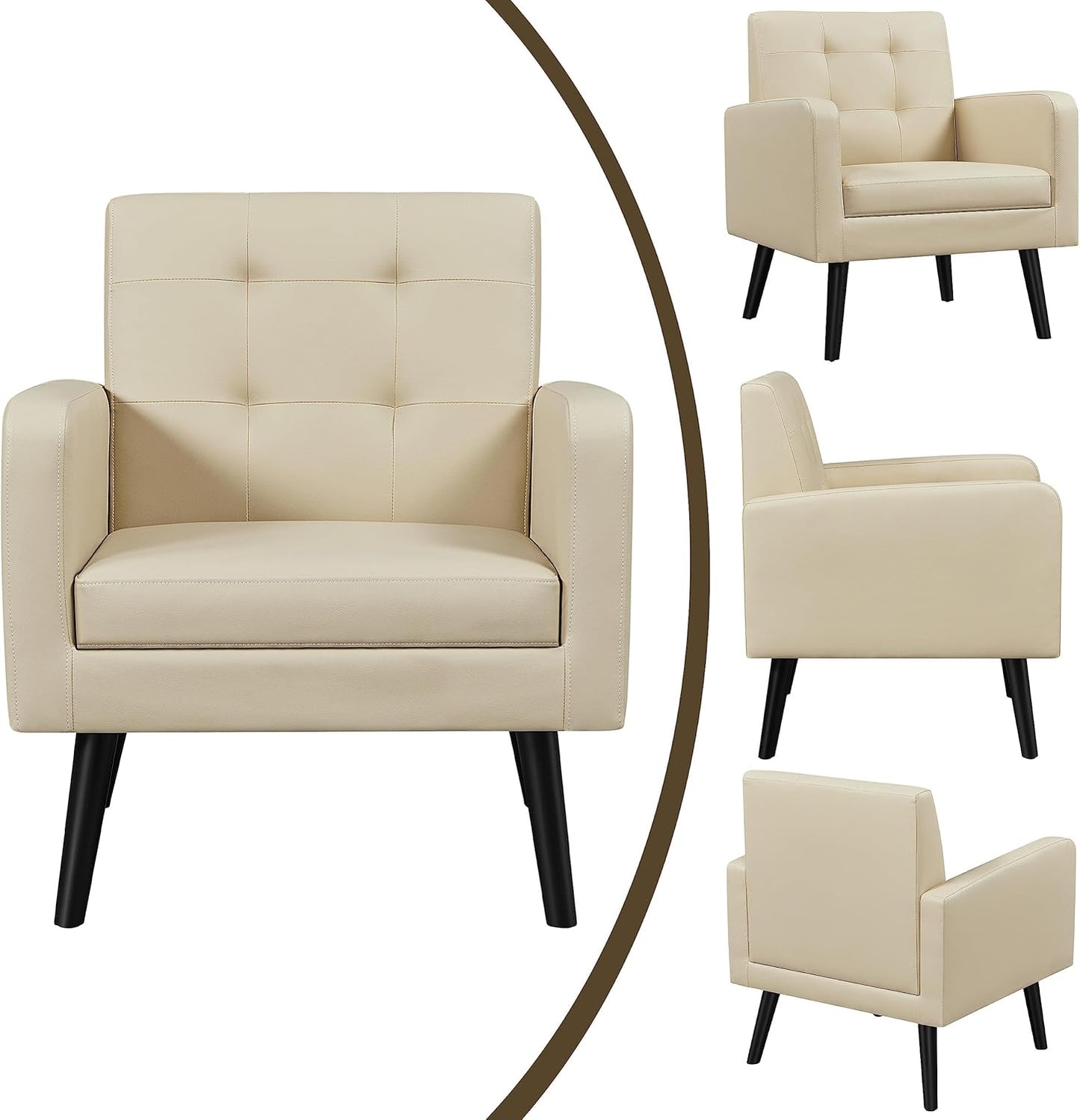 Topeakmart Mid Century Accent Chair, Modern and Cozy PU Leather Barrel Sofa Chair with Thick Cushion and Sturdy Wood Legs for Living Room/Bed Room/Office Waiting Area Beige 2PCS