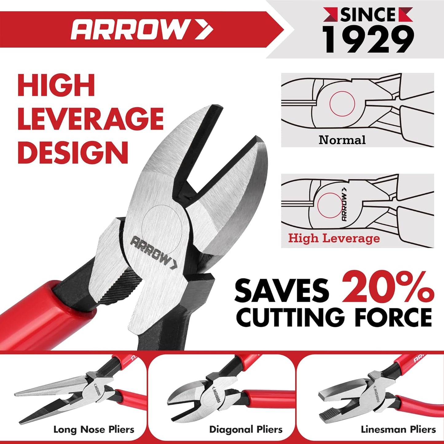 ARROW 8PCS Pliers & Wrench Set, 6" Needle Nose Pliers, 6" Diagonal, 7" Linesman, 8" Slip Joint, 8" & 10" & 12" Groove Joint and CRV 8" Adjustable Wrench, Portable Rolling Bag With Handle