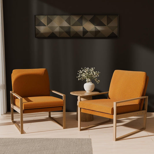 BELLEZE Set of 2 Modern Mustard Yellow Accent Chair, Mid-Century Corduroy Upholstered Lounge Chair, Wooden Frame Armchair for Living Room, Bedroom, or Office, Comfortable Padded Cushion