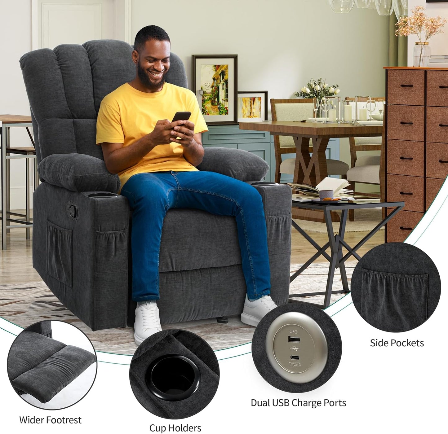 YITAHOME Glider Rocker Recliner Chair with Massage & Heat, 160° Manual Rocking Recliner Chair with USB Ports, Cup Holders & Side Pockets, Fabric Reclining for Elderly, Grey