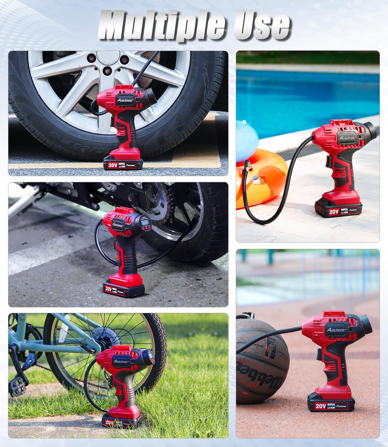 AVID POWER Tire Inflator Portable Air Compressor,20V Cordless Tire Pump, Rechargeable Air Pump for Car Tires and other Inflatables (Red)