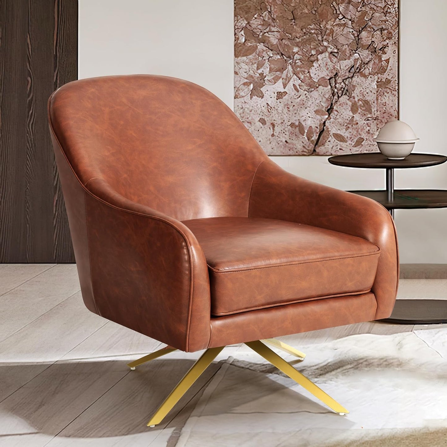 Armless Accent Chair for Living Room Mid Century Modern Brown Leather Accent Chair and a Half Oversized Slipper Chair with Pillow for Bedroom