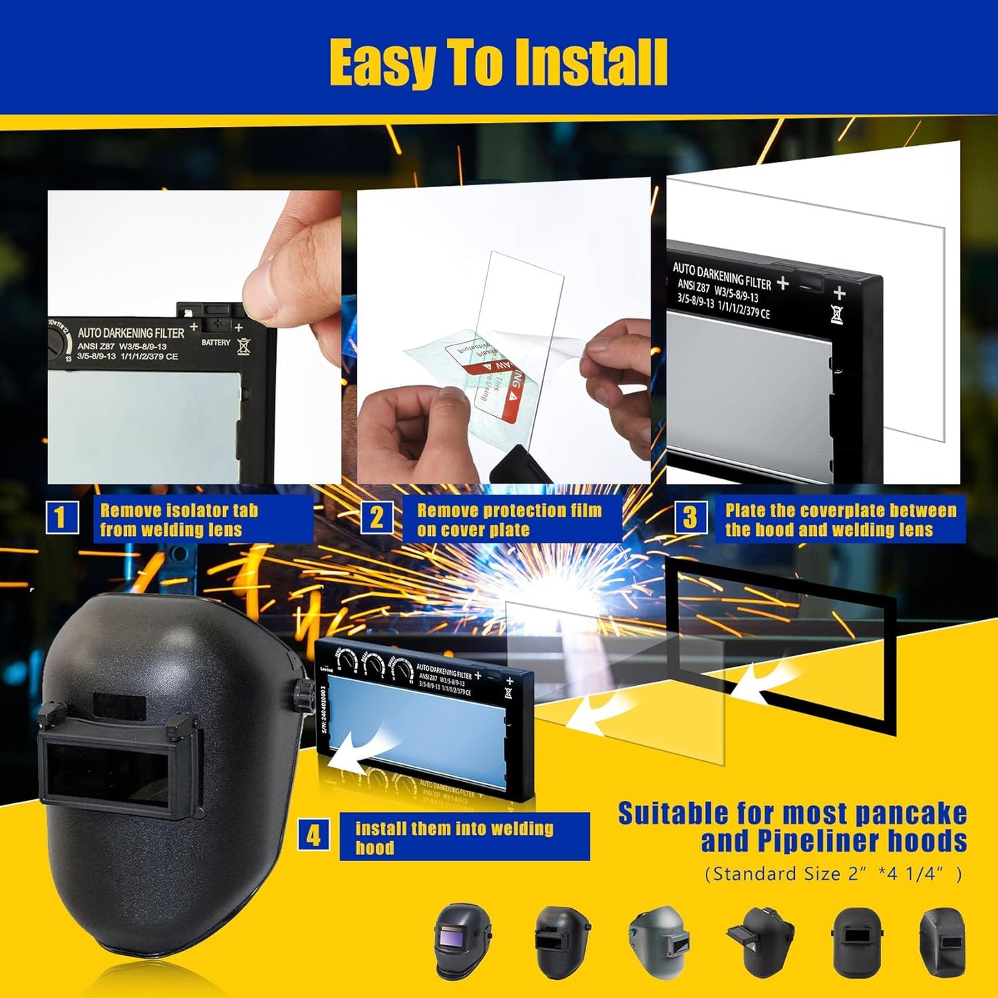 2x4 Auto Darkening Welding Lens, Shade 5-13 Adjustable, Solar Powered with HD True Color Technology - Fits Standard Welding Helmets/Hoods.