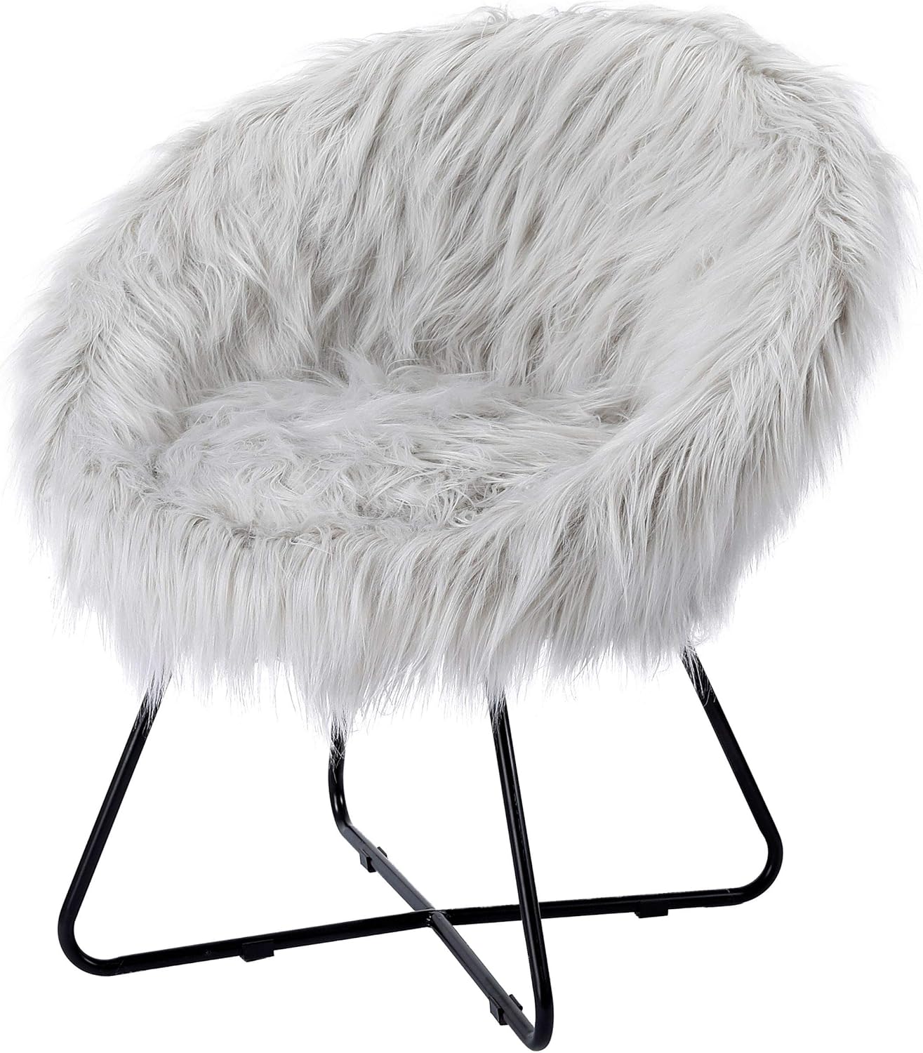 BIRDROCK HOME Faux Fur Papasan Chair with Black Legs - Luxuriously Soft & Lightweight - Wide Cushion Seat for Playroom, or Living Room - Moon Chair - Metal - Fluffy Round Seat - Circle - Grey