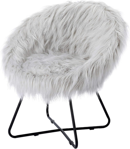 BIRDROCK HOME Faux Fur Papasan Chair with Black Legs - Luxuriously Soft & Lightweight - Wide Cushion Seat for Playroom, or Living Room - Moon Chair - Metal - Fluffy Round Seat - Circle - Grey