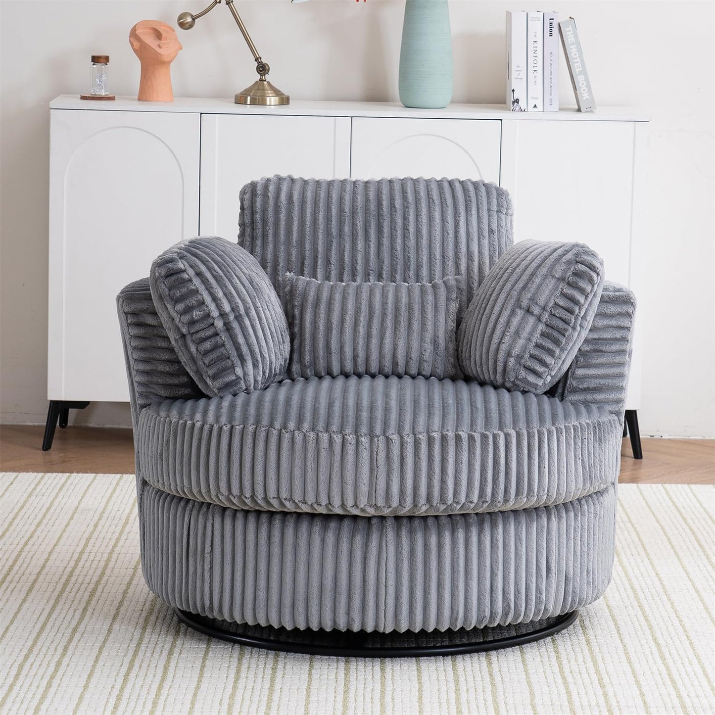 Swivel Barrel Chair with Pillows and Cushions,Corduroy Round Chair with Metal Base for Living Room (White)