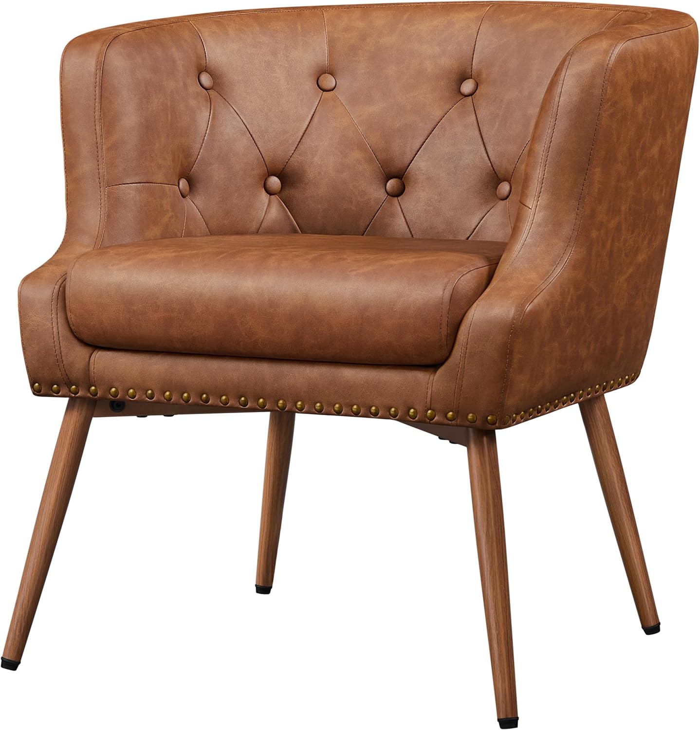 Topeakmart Mid-Century Modern Faux Leather Barrel Chair, Button Tufted Accent Armchair with Metal Leg, Recessed Armrest and Loose Seat Cushion for Living Room Bedroom, Black, 2pcs