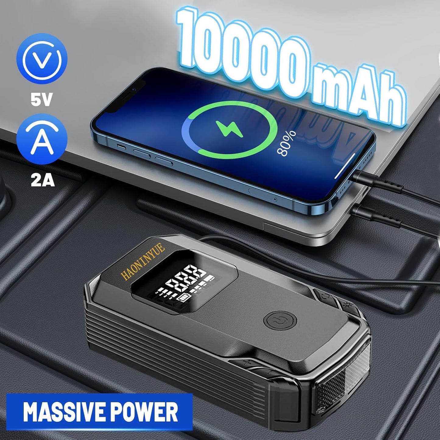 3000A 150PSI Jump Starter with Air Compressor, 12V Portable Jump Box (8.5L Gas/6.5L Diesel), Jump Pack with LED Light, Power bank, Battery jumper starter portable, Storage Case Included