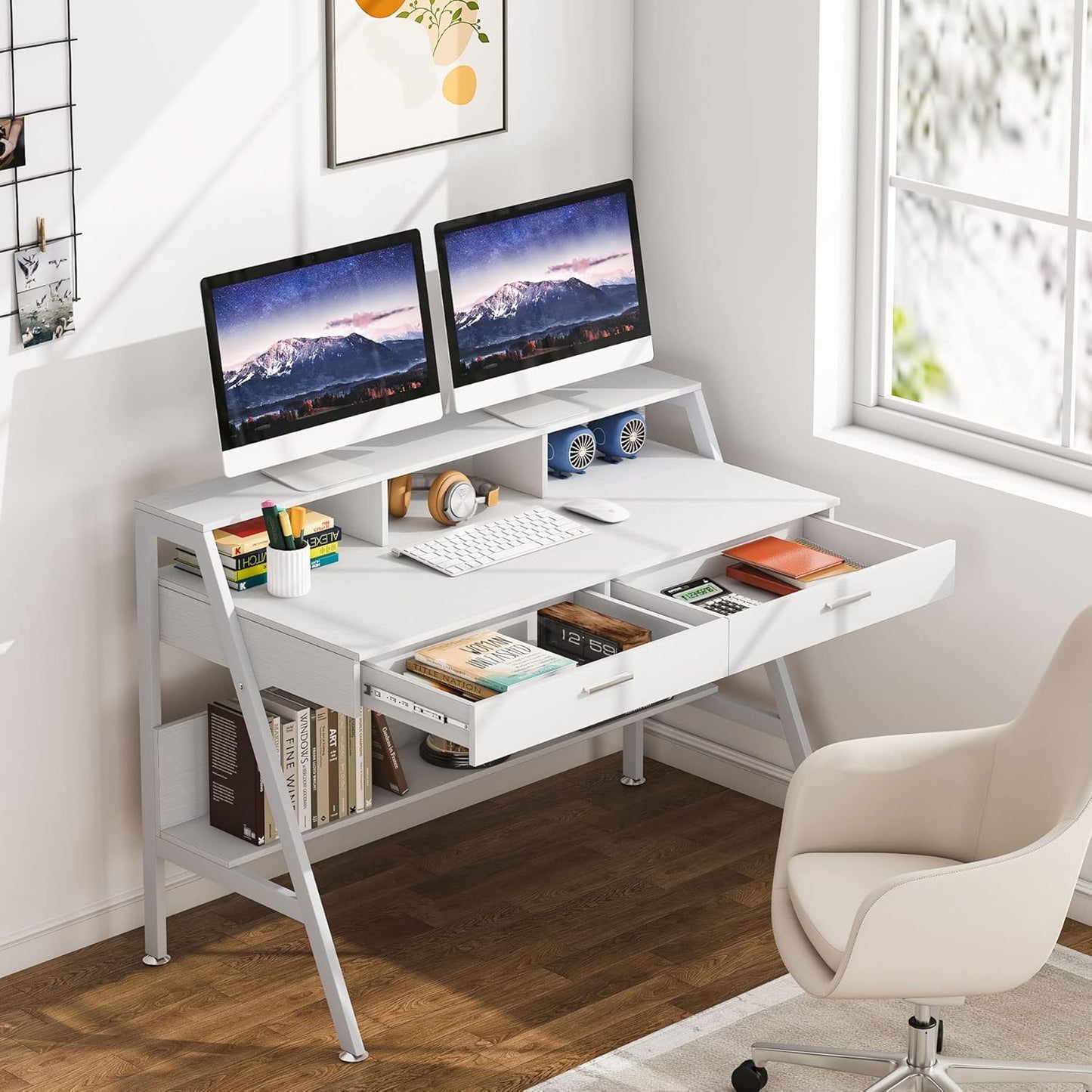 Tribesigns Computer Desk with Storage Shelf & Drawers, Modern 47 inch Office Writing Desk Study Table with Monitor Stand Riser for Home Office Use (White)