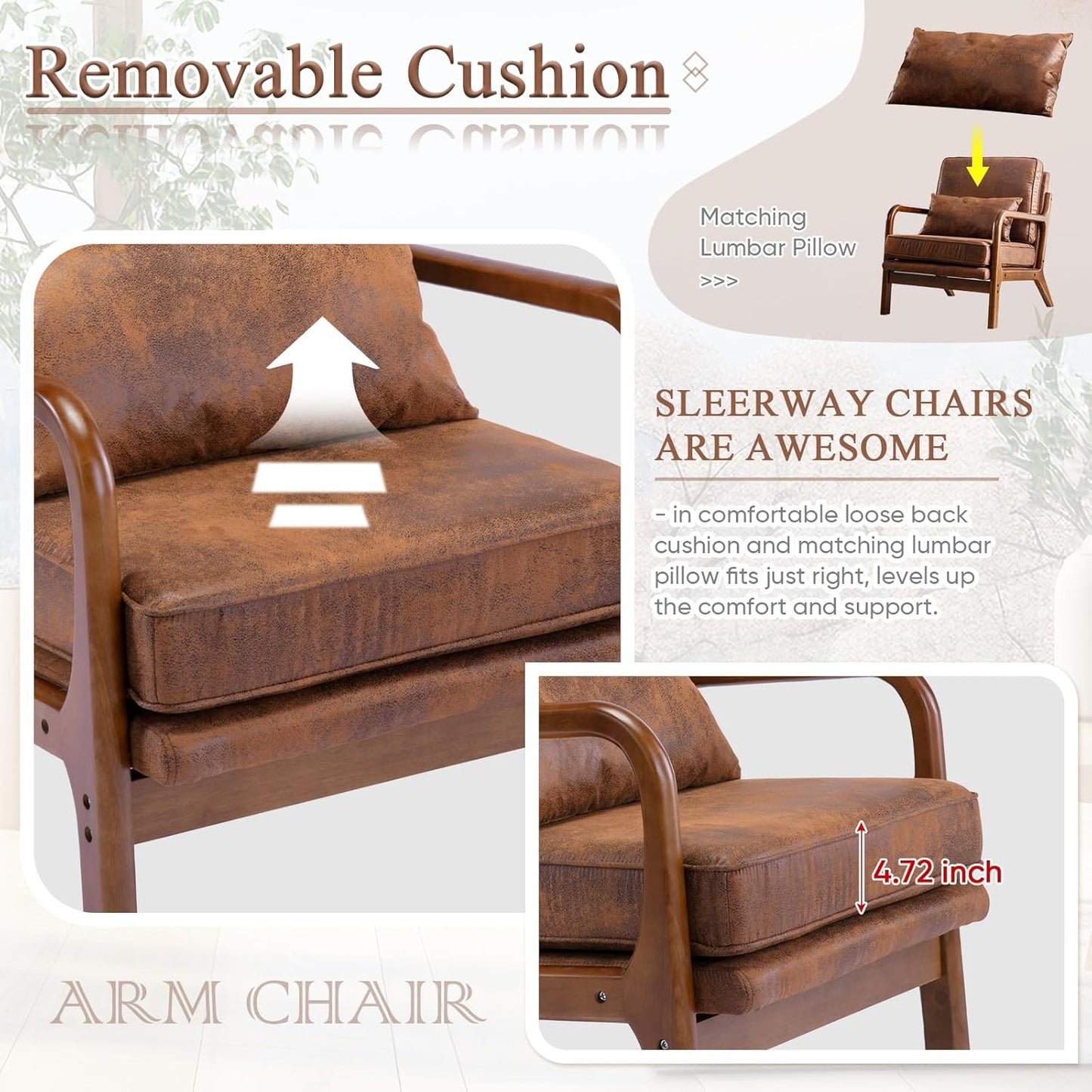 Accent Chair Set of 2- Mid-Century Modern Chairs Living Room Furniture Set Bedroom Reading, Solid Wood Arm Chair Lumber Pillow, Comfy Cushion Ergonomic Lounge Armchair Brown Leather Office Side Chair