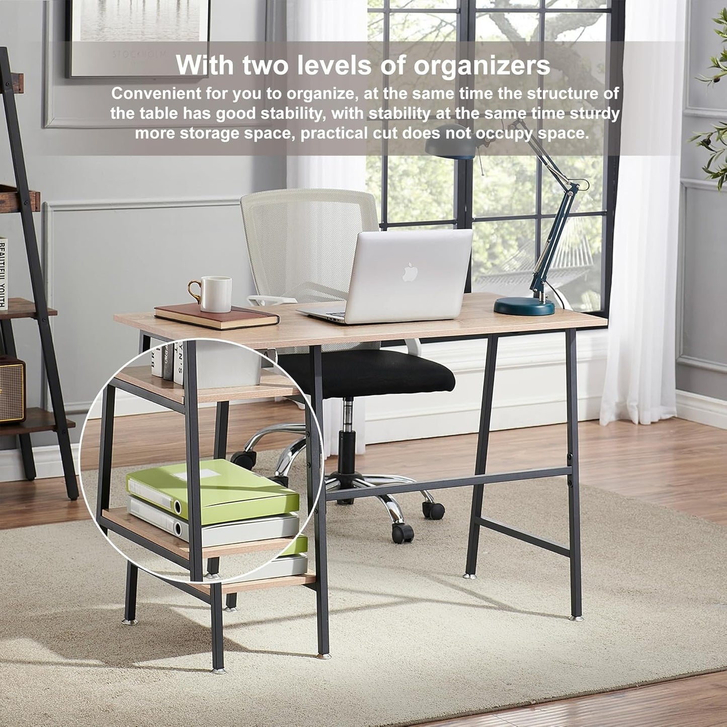 VECELO 43 Inch Writing Desk Home Office, Home Office Study Tables with 2 Tier Storage Shelves Eiton Left or Right Side, Simple Industrial Style with Adjustable Feet and Water Proof Surface, Oak Desk