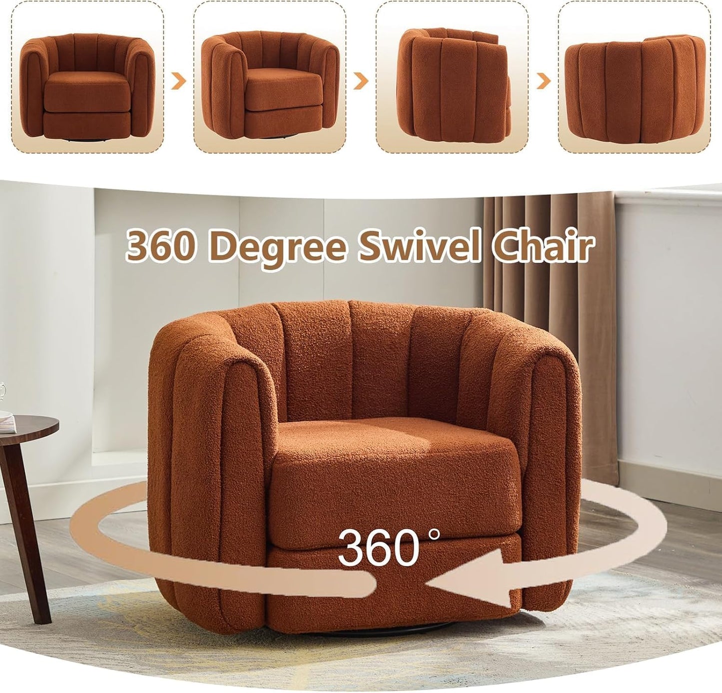 Swivel Accent Chairs Set of 2 for Living Room, Pumpkin Shaped Single Club Sofa Chair, Teddy Fabric 360 Degree Round Swivel Barrel Armchair for Home Bedroom Apartment Office (Brown)