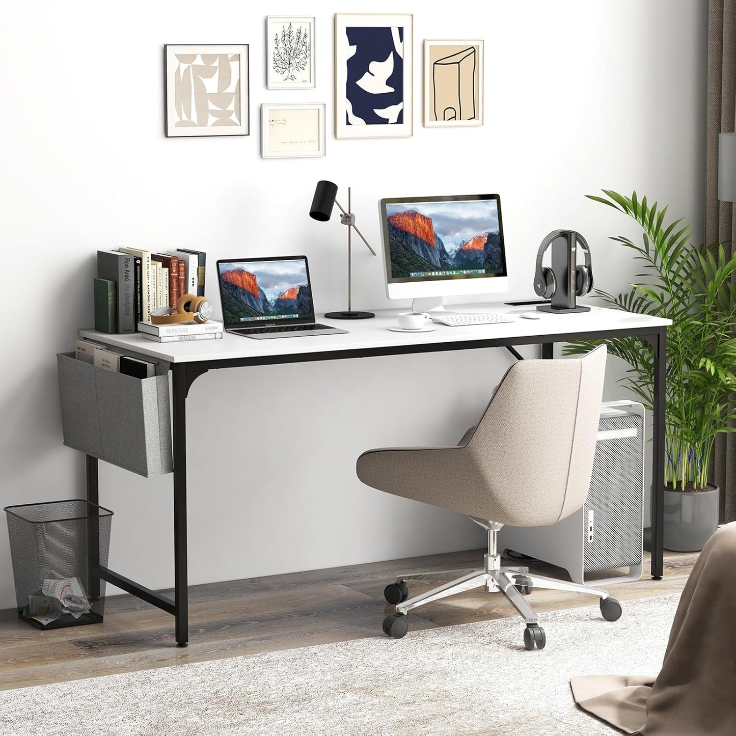 Tangkula 60” Large Computer Desk with Charging Station, Modern Simple Study Writing Desk with Storage Bag, Headphone Hook, Sturdy Metal Frame, Home Office Workstation