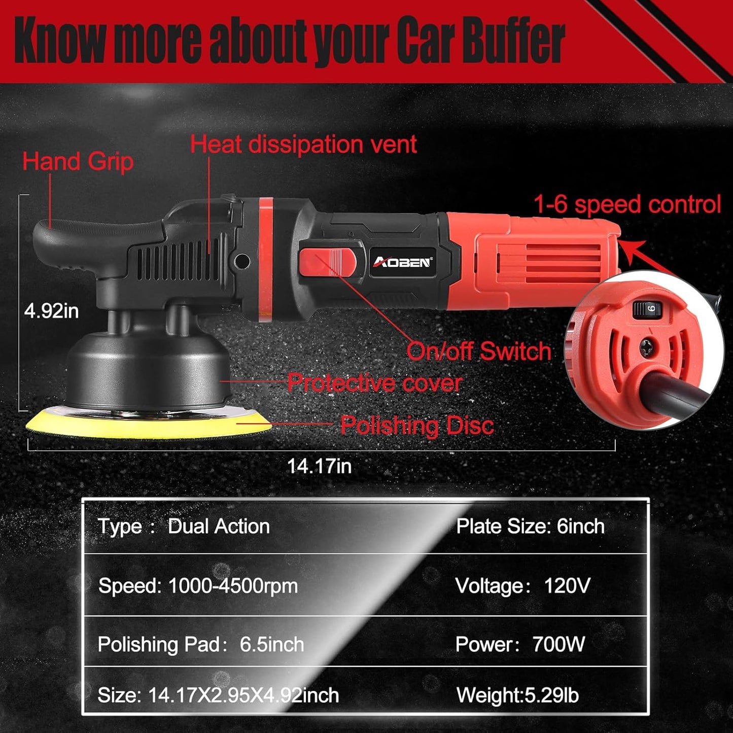 AOBEN Car Buffer Polisher,6 inch Dual Action Polisher,Random Buffer Polisher kit with 6 Variable Speed 1000-4500rpm,Detachable Handle,4 Buffing Pads for Car detailing Polishing and Waxing