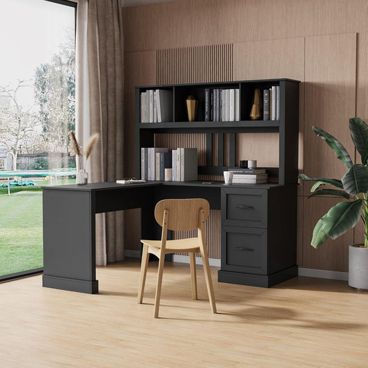 Bellemave L Shaped Desk with Hutch Wood Corner Computer Desk with Storage Drawers and Shelf Modern Home Office Desks L-Shaped Study Table Writing Desk Gaming Desk, Black