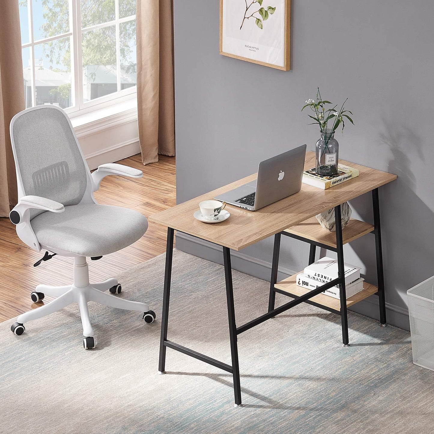 VECELO 43 Inch Writing Desk Home Office, Home Office Study Tables with 2 Tier Storage Shelves Eiton Left or Right Side, Simple Industrial Style with Adjustable Feet and Water Proof Surface, Oak Desk
