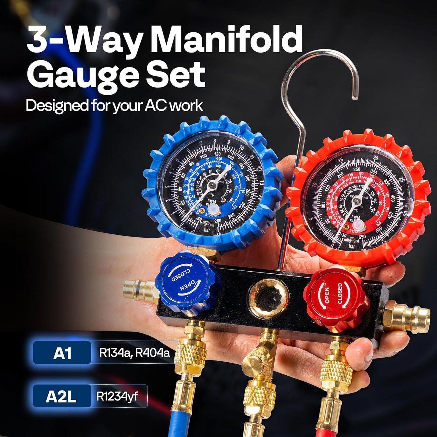 VIVOHOME HVAC Manifold Gauge Set with R134a R1234yf Quick Couplers and Can Taps, Automotive AC Gauges with 3 Hoses for Car Freon Charging and Evacuation